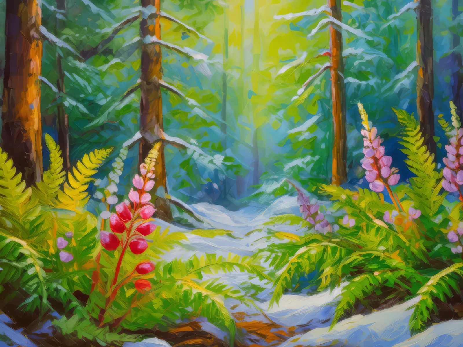 Spring Renewal in the Jungle, a palette-knife oil landscape by Emma Mickelberg