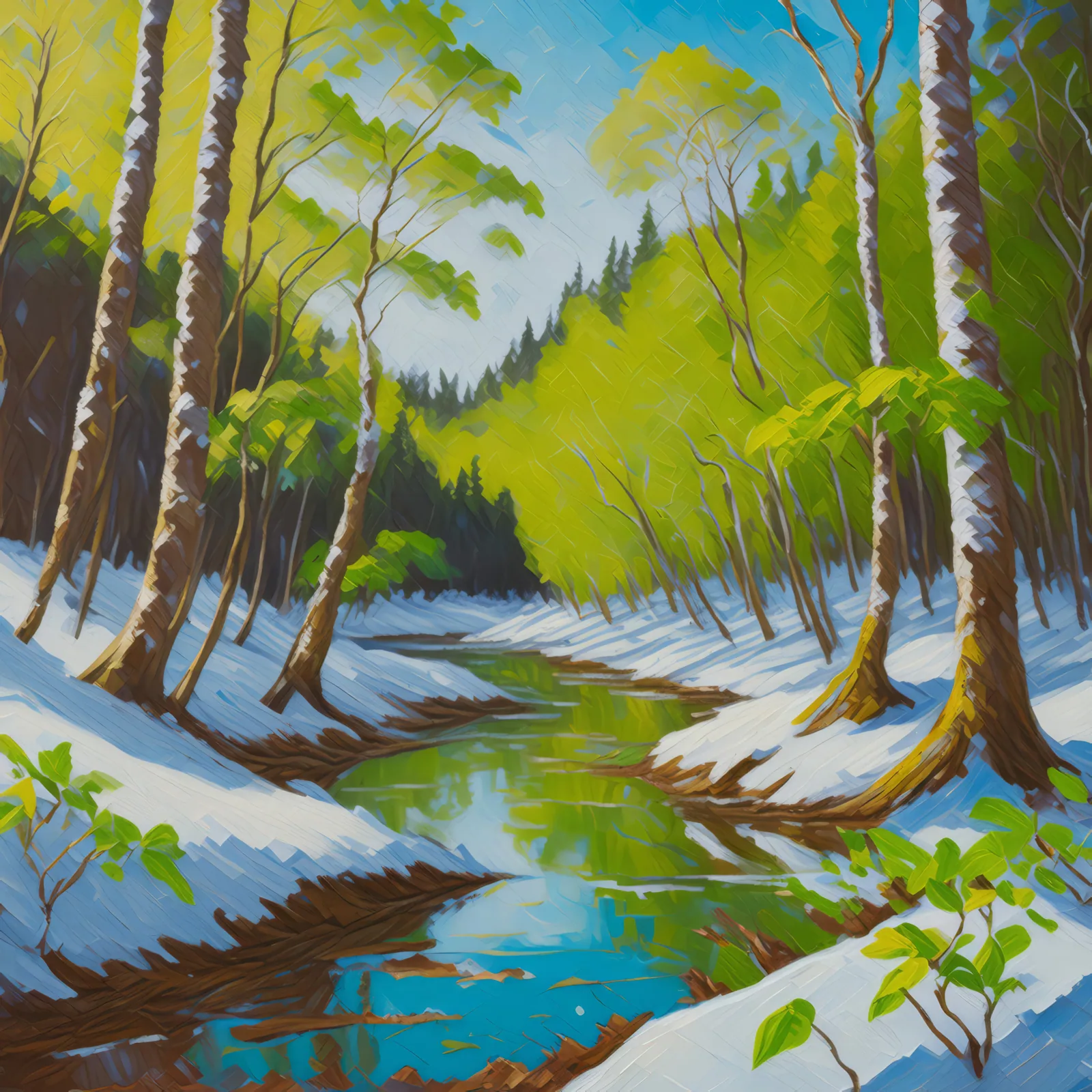 Spring Thaw in Boreal Forest, a palette-knife oil landscape by Emma Mickelberg