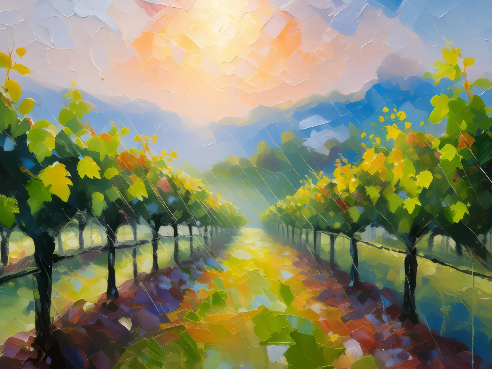 Spring Vineyard Dawn, a palette-knife oil landscape by Emma Mickelberg