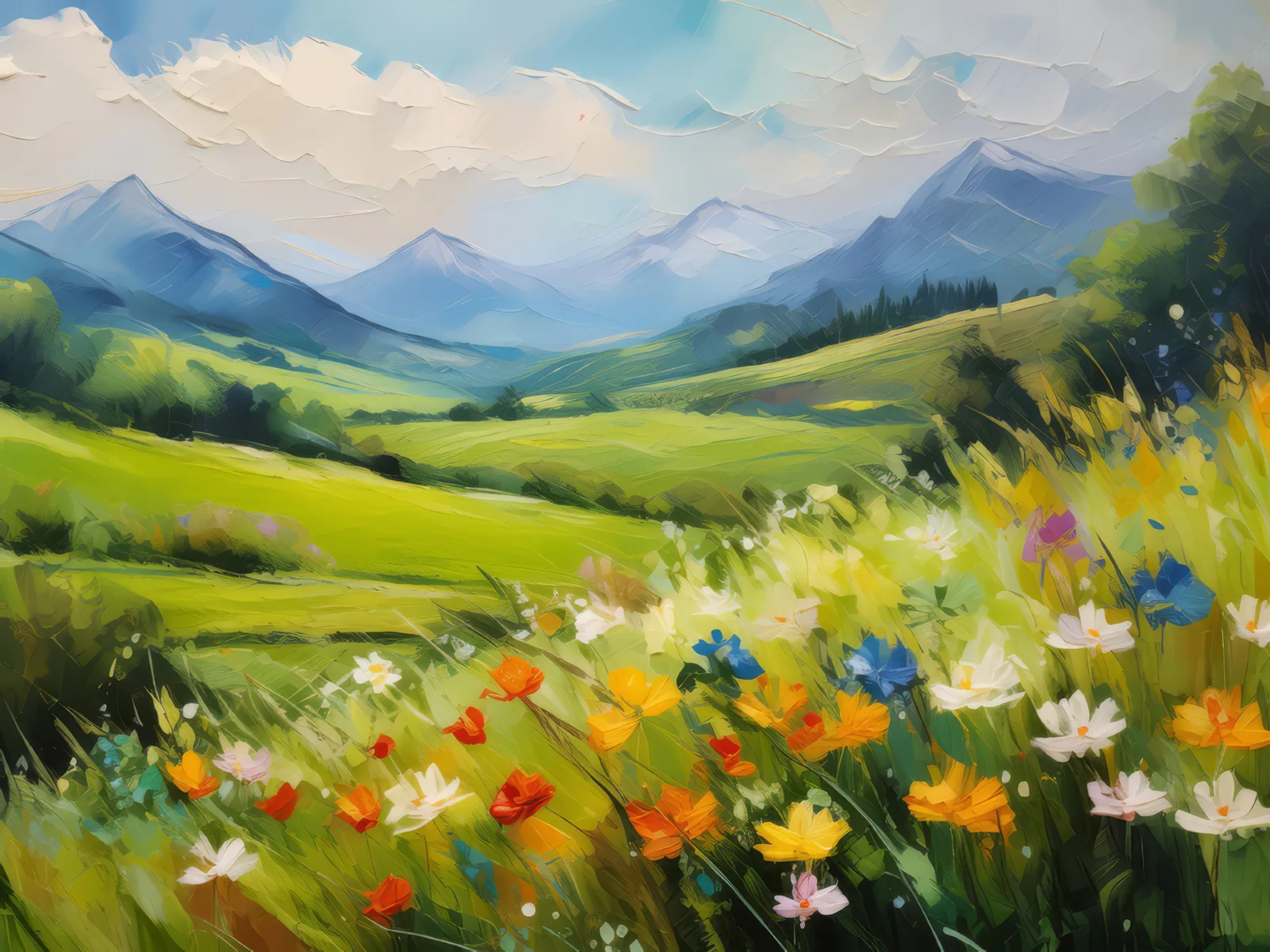Spring Wildflower Grassland, a palette-knife oil landscape by Emma Mickelberg