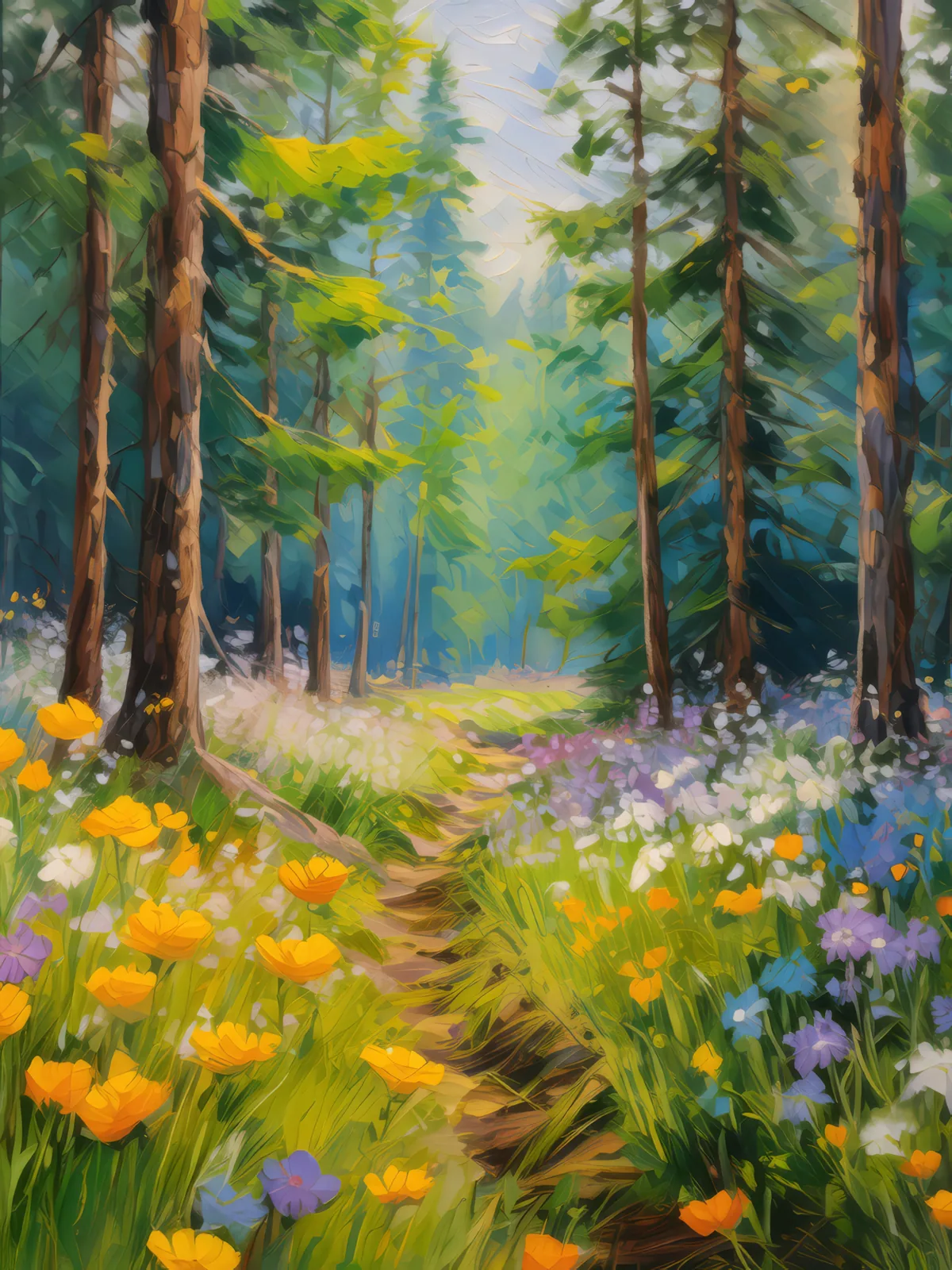 Spring Wildflowers in Boreal Forest, a palette-knife oil landscape by Emma Mickelberg
