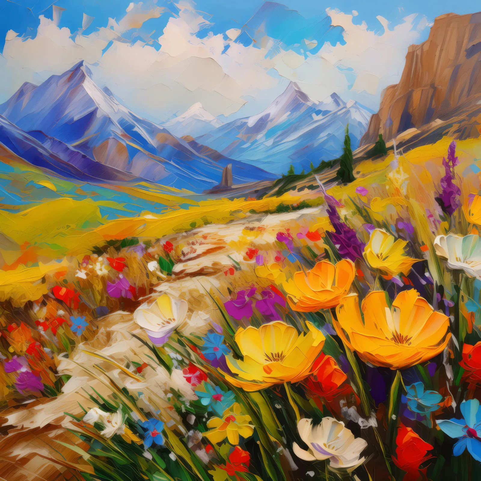Springtime Alpine Desert Bloom, a palette-knife oil landscape by Emma Mickelberg