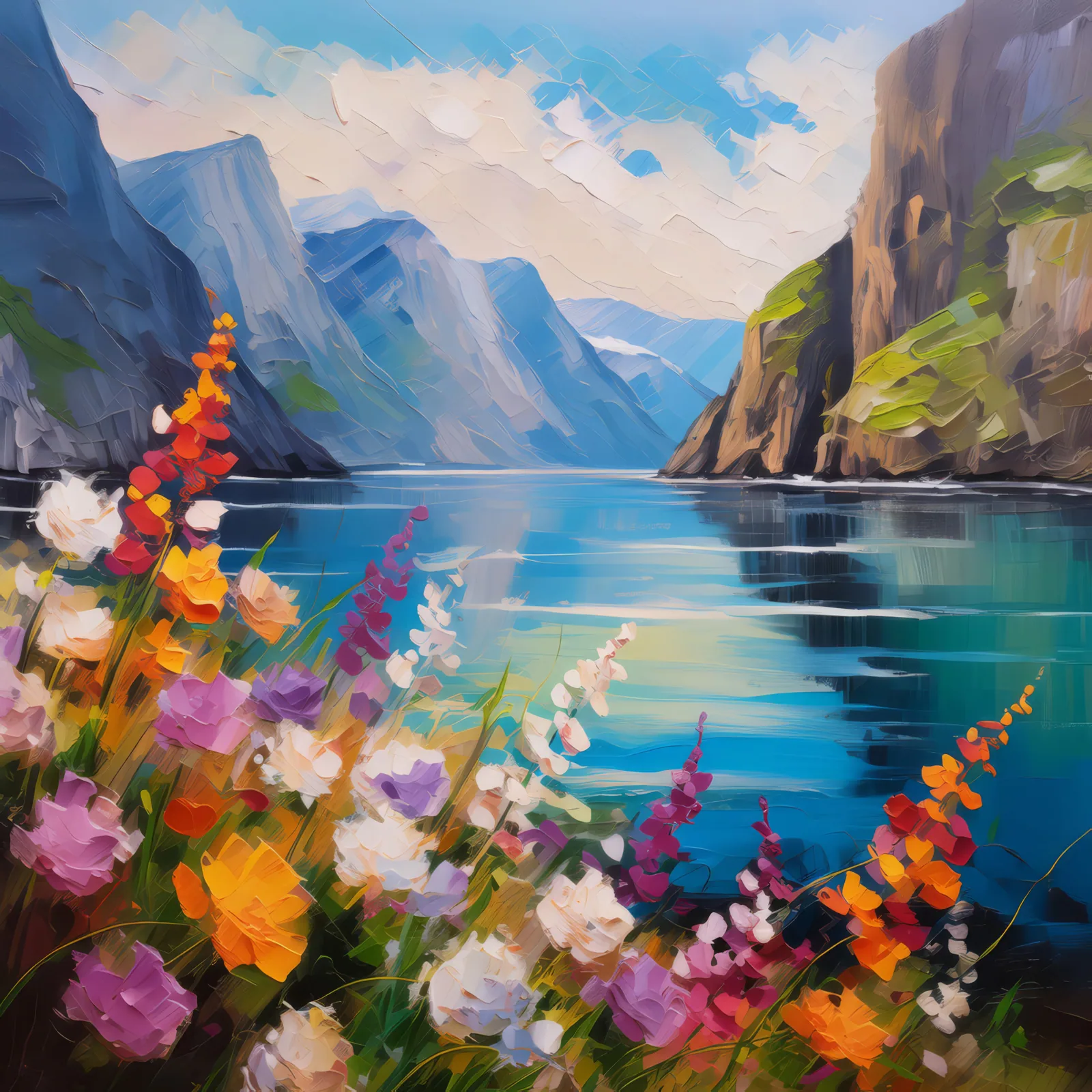 Springtime Bloom by the Fjord, a palette-knife oil landscape by Emma Mickelberg