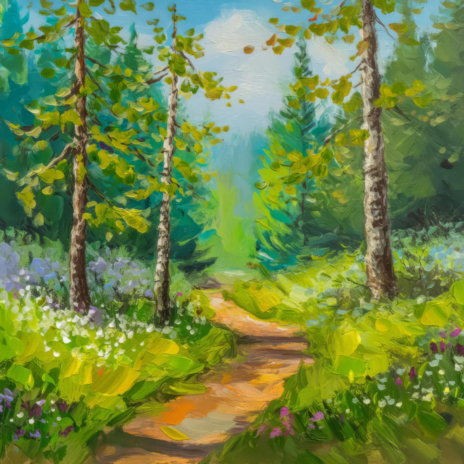 Springtime Boreal Forest Walk, a palette-knife oil landscape by Emma Mickelberg