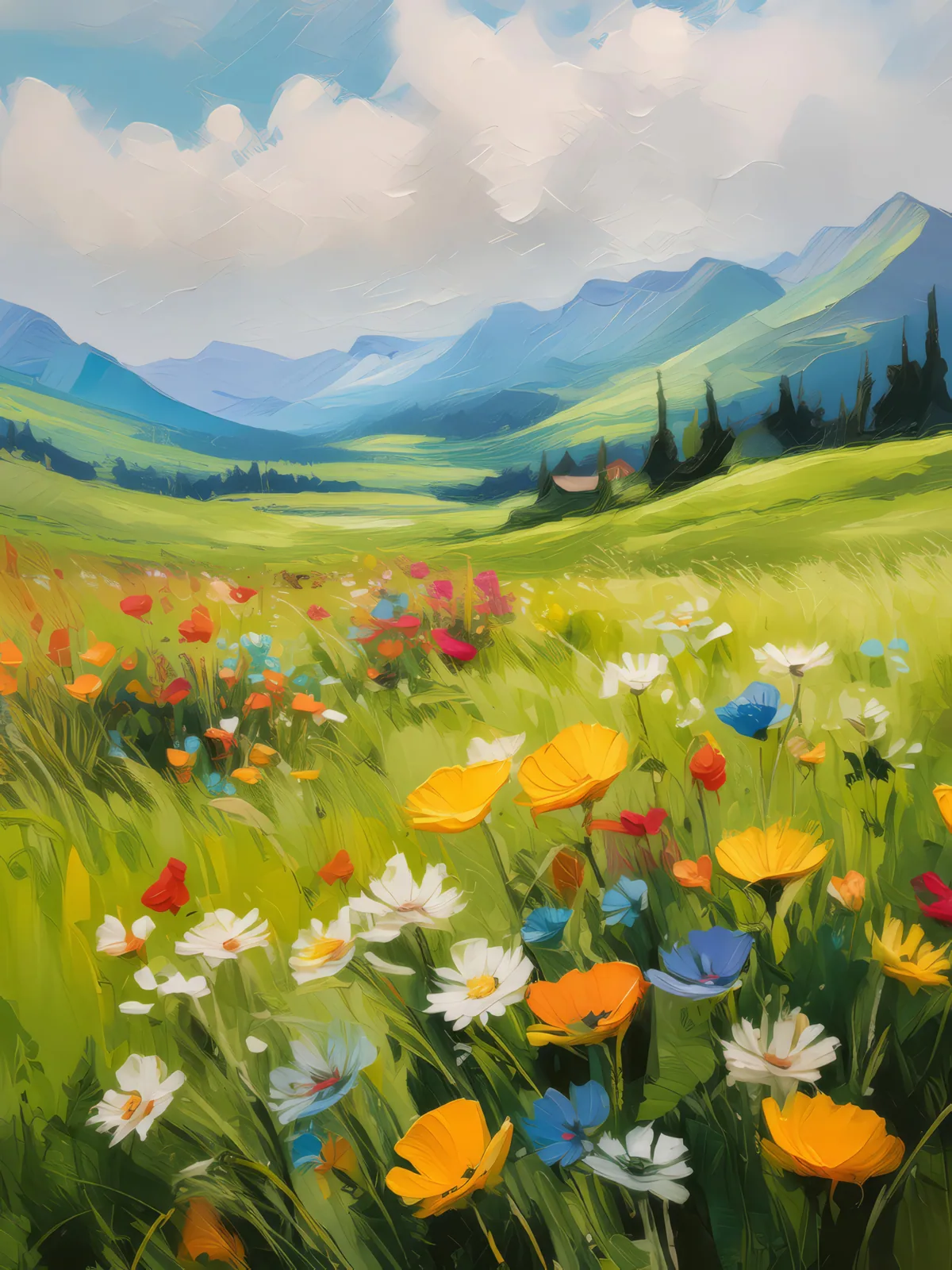 Springtime Grassland Bloom, a palette-knife oil landscape by Emma Mickelberg