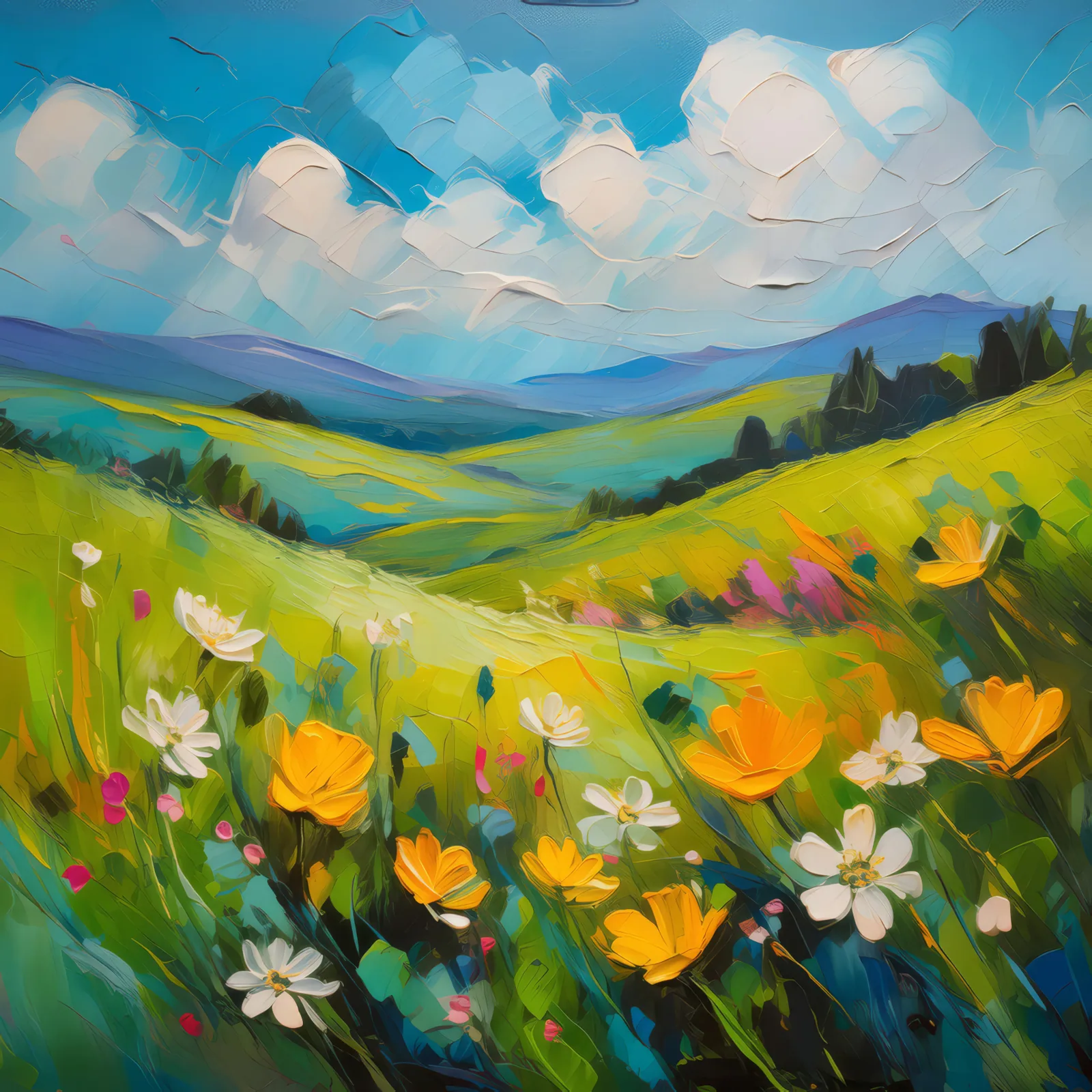 Springtime Grassland, a palette-knife oil landscape by Emma Mickelberg