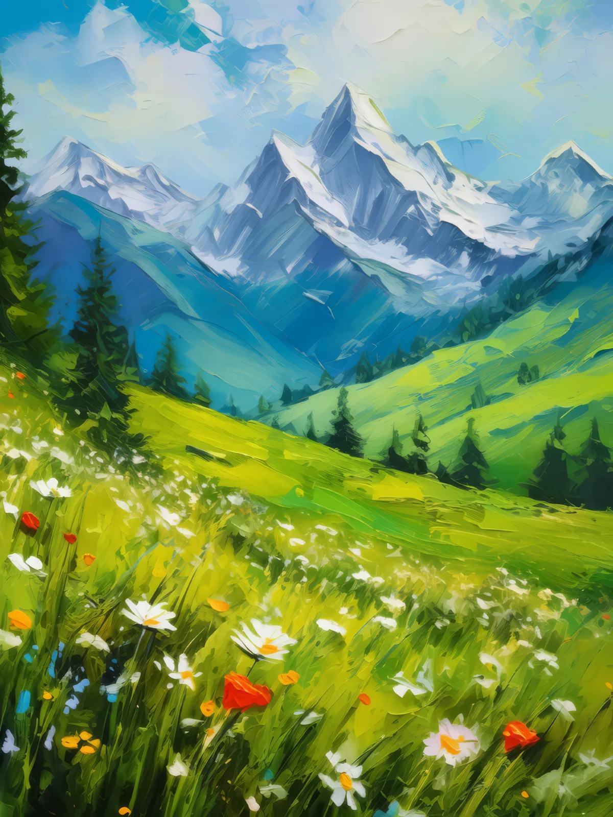 Springtime in the Alps, a palette-knife oil landscape by Emma Mickelberg