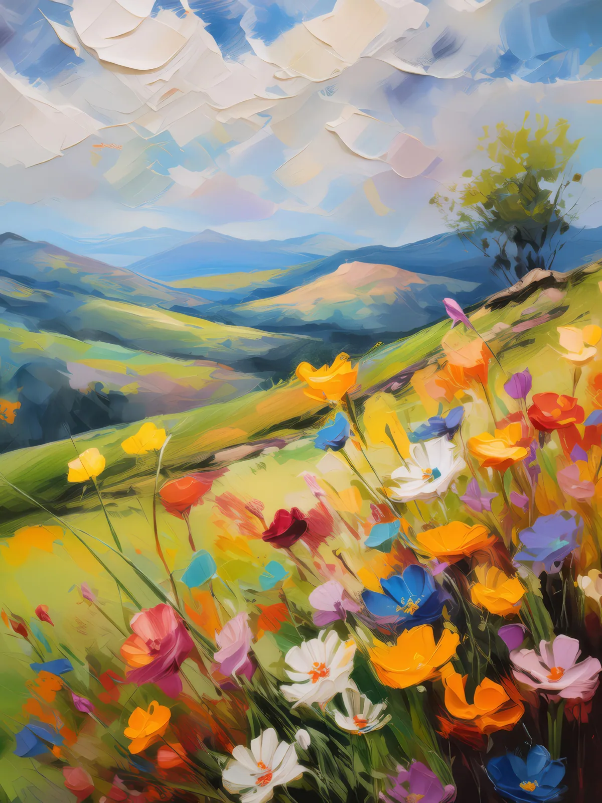Springtime Knoll Bloom, a palette-knife oil landscape by Emma Mickelberg