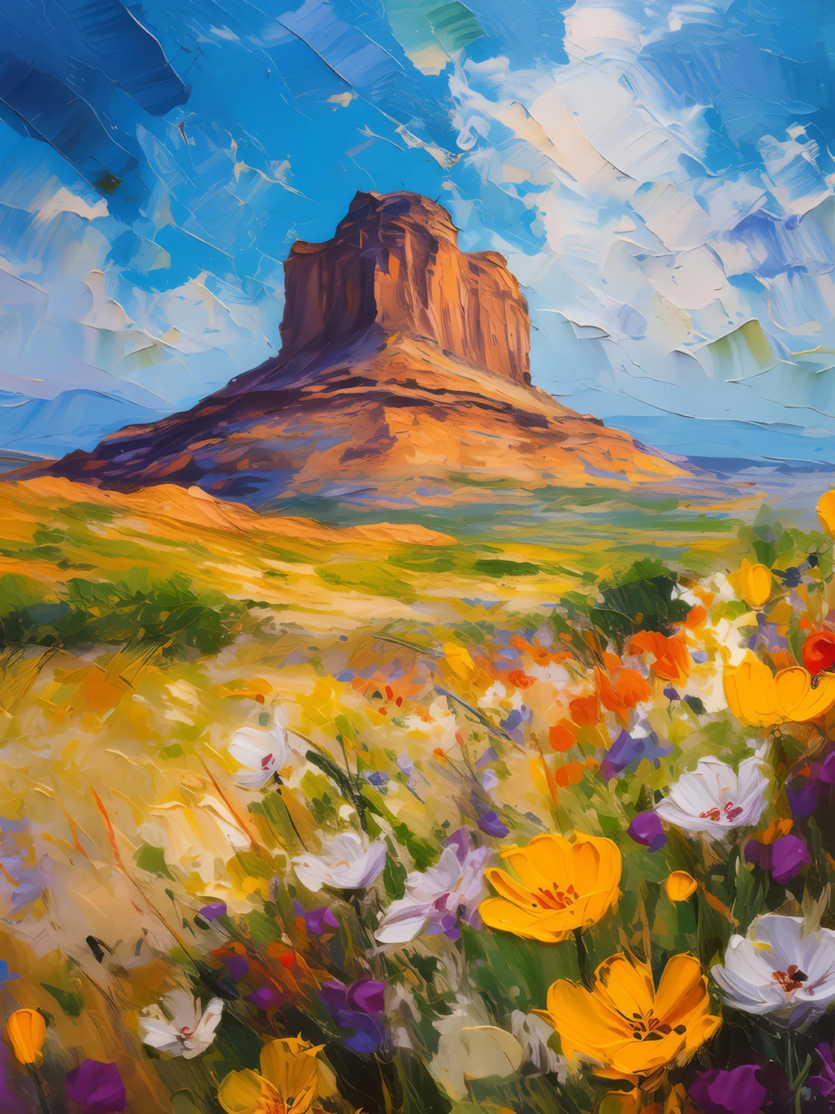 Springtime Mesa Scene, a palette-knife oil landscape by Emma Mickelberg