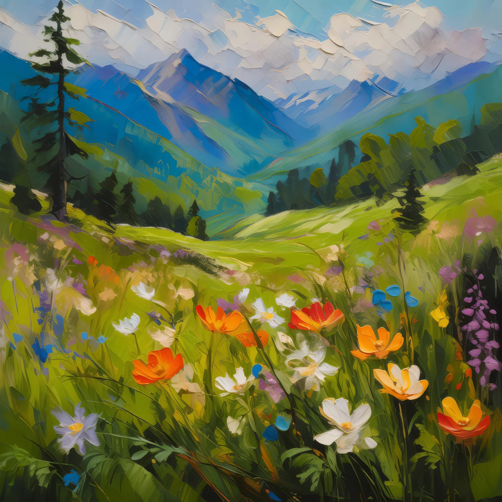 Springtime Mountain Meadow, a palette-knife oil landscape by Emma Mickelberg