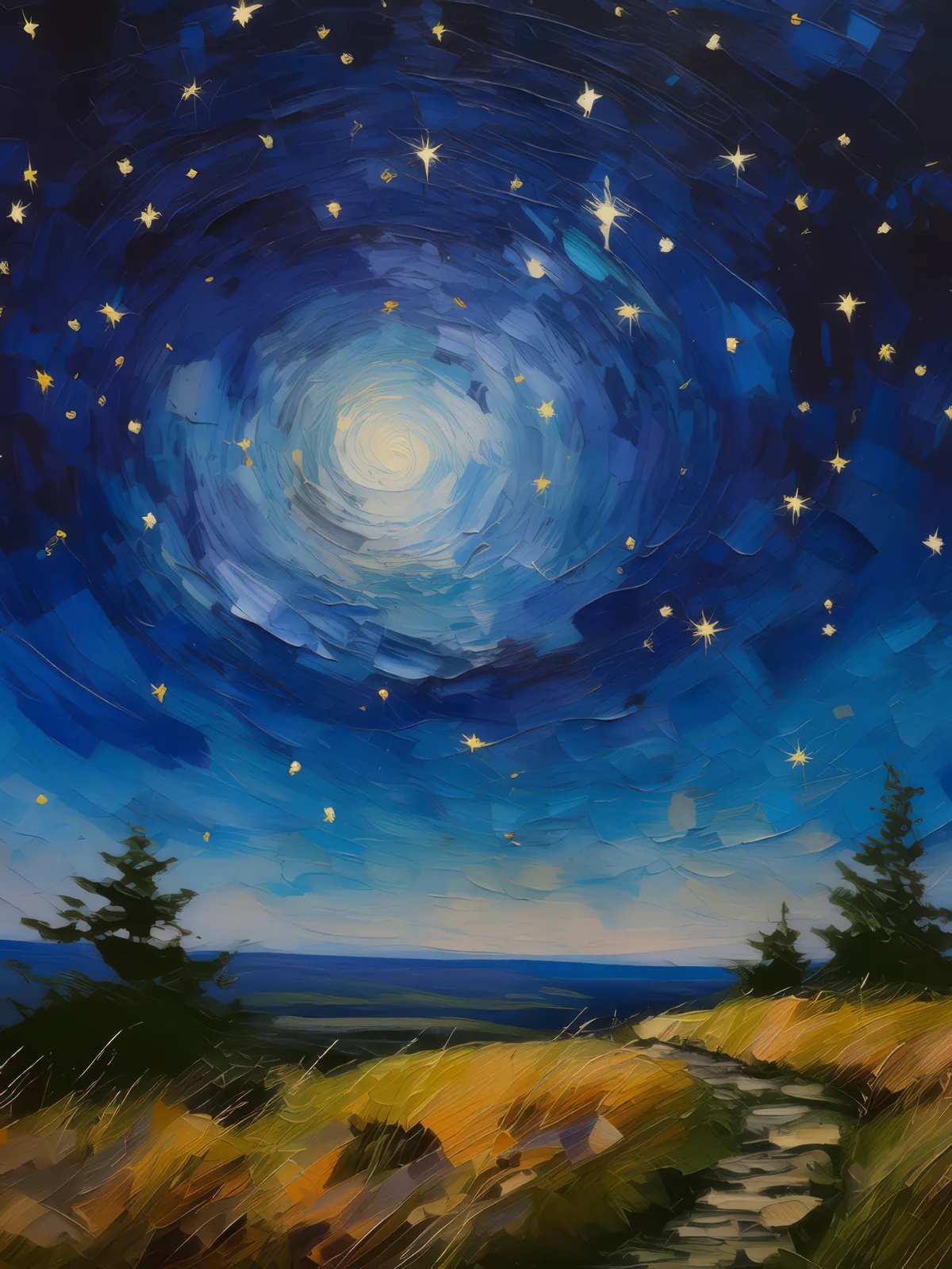 Stargazing Night on Moor, a palette-knife oil landscape by Emma Mickelberg
