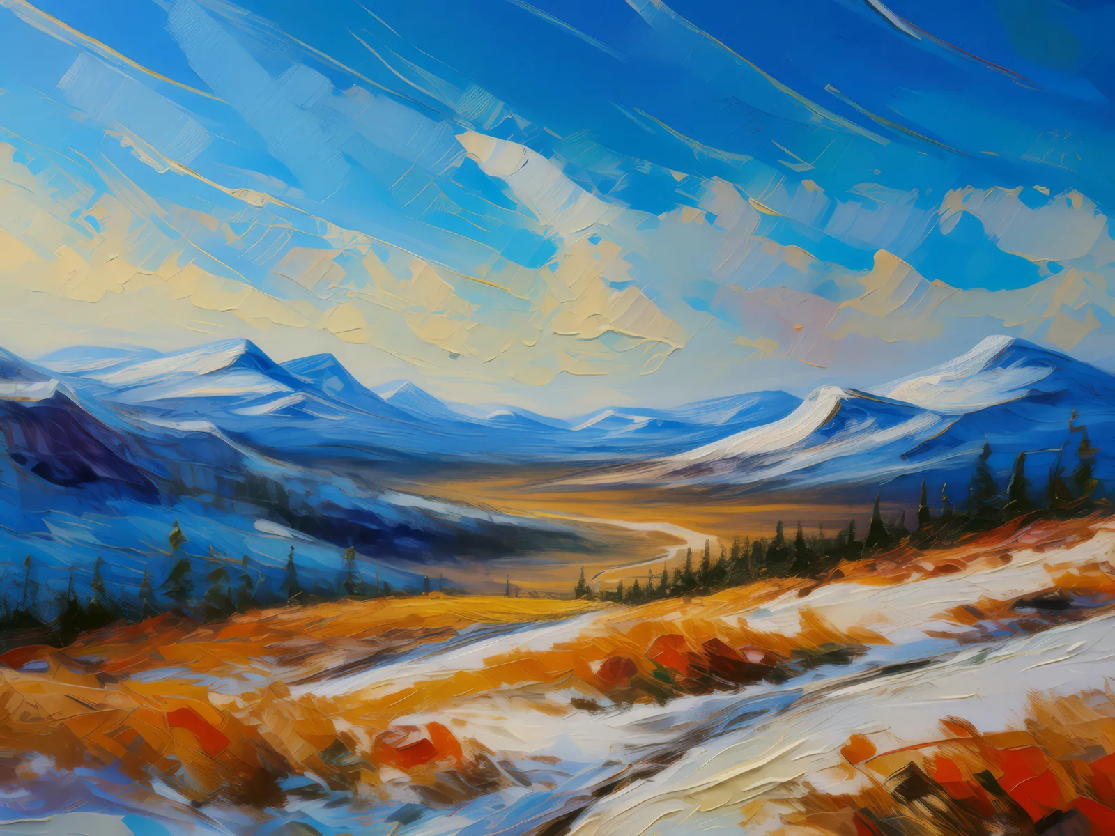 Stark Boreal Desert Vistas, a palette-knife oil landscape by Emma Mickelberg