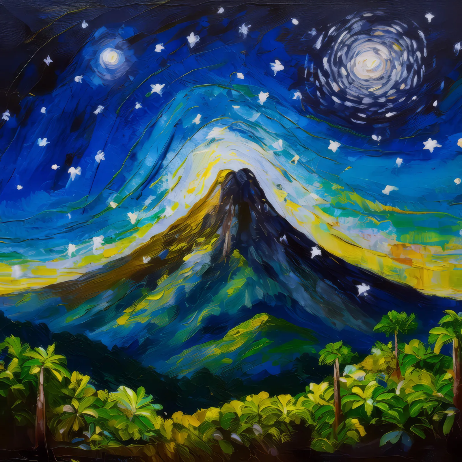 Starlight on the Tropical Summit, a palette-knife oil landscape by Emma Mickelberg