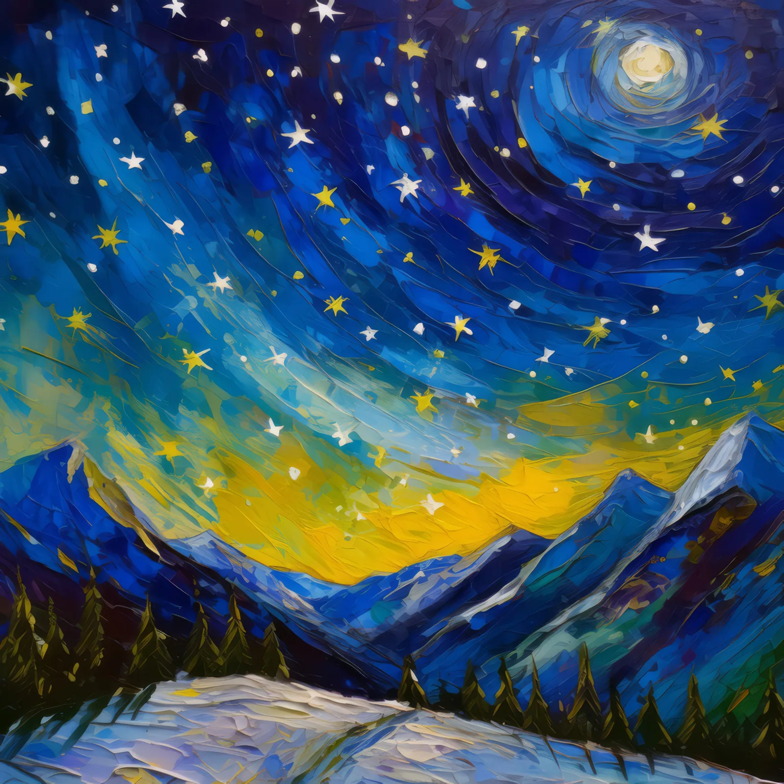Starlit Alpine Mountain Pass, a palette-knife oil landscape by Emma Mickelberg