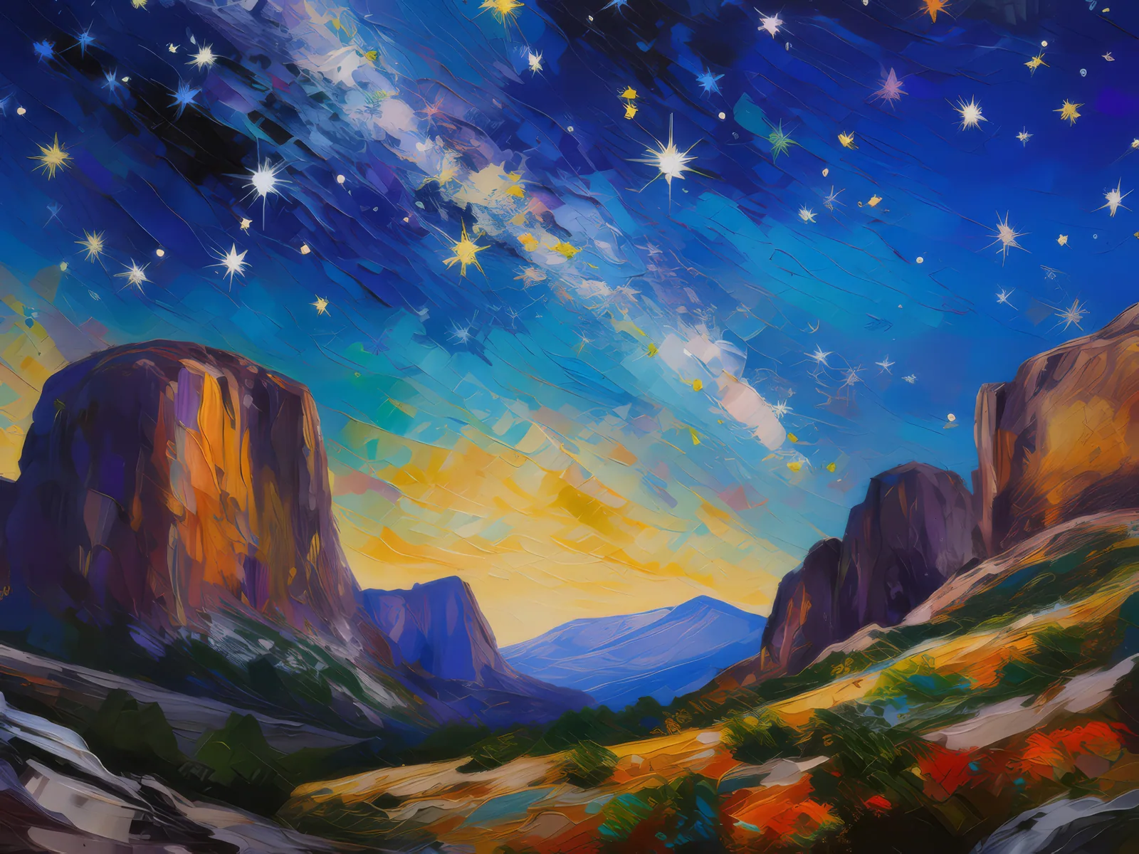 Starlit Crag Serenade, a palette-knife oil landscape by Emma Mickelberg