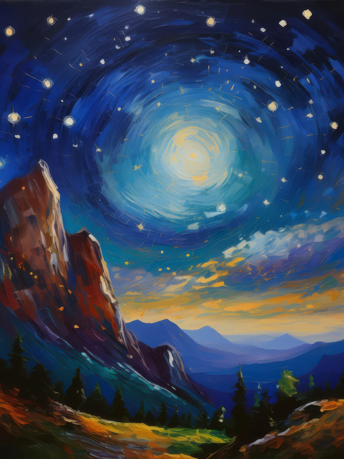 Starlit Crag Sonata, a palette-knife oil landscape by Emma Mickelberg