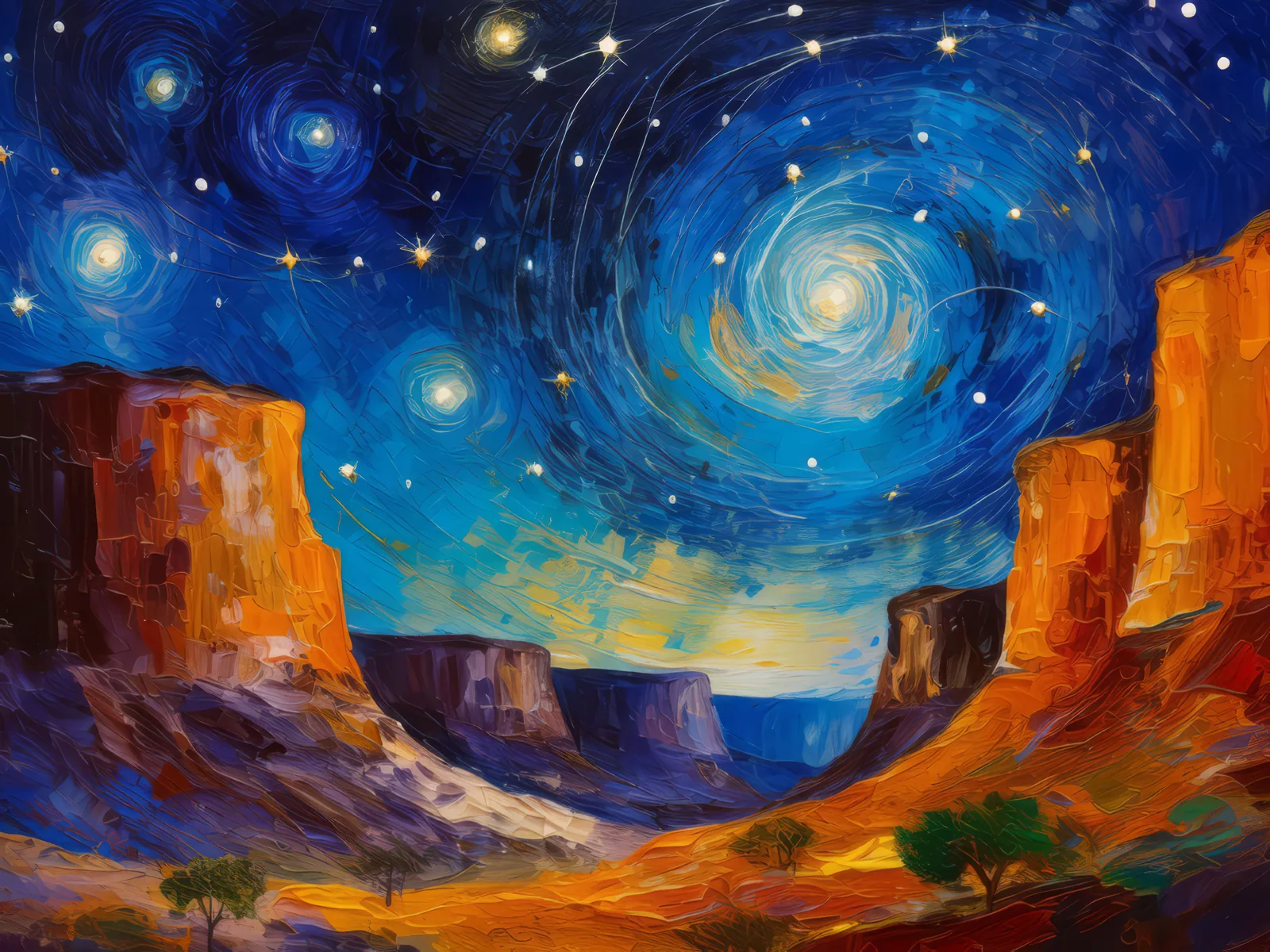 Starlit Desert Chasm, a palette-knife oil landscape by Emma Mickelberg