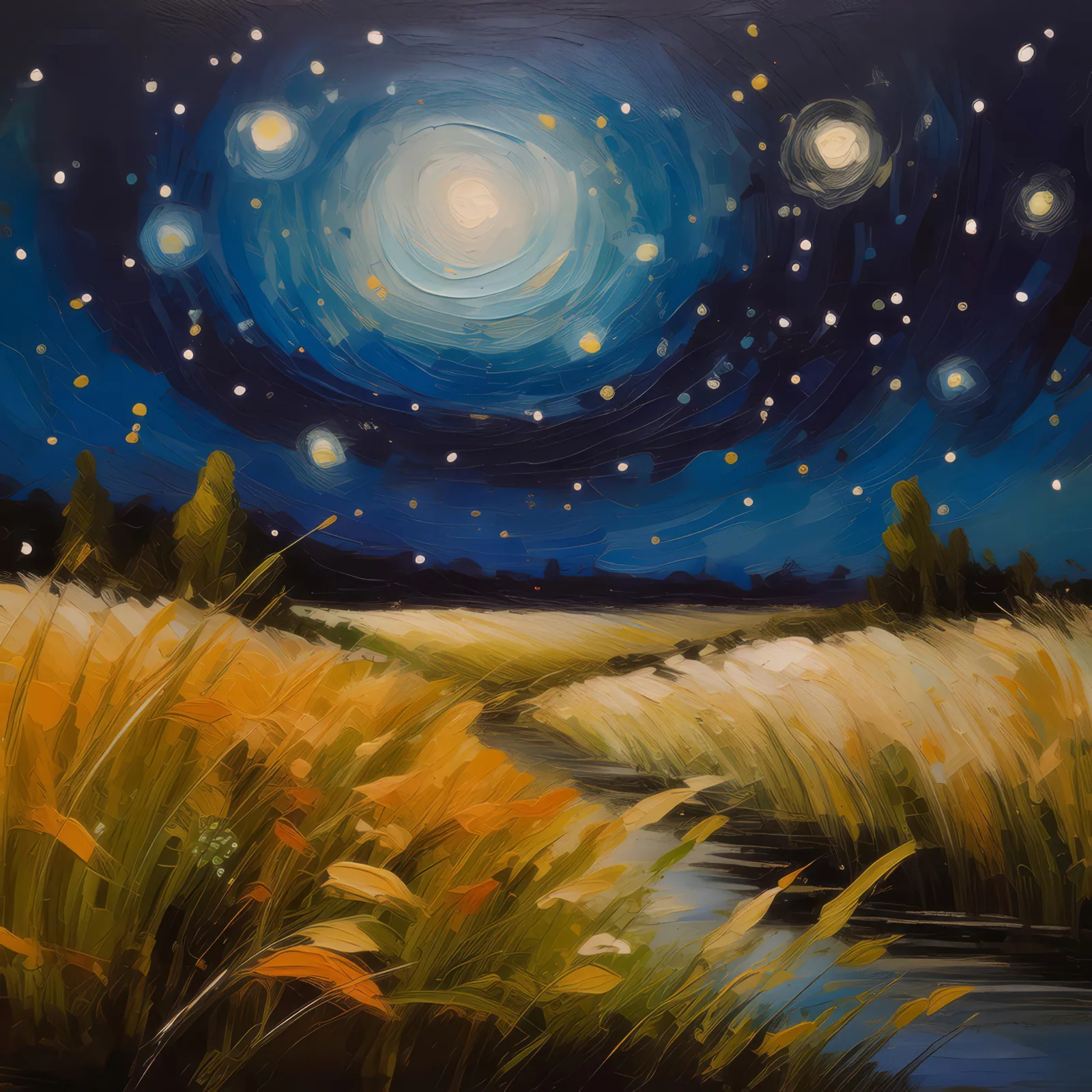 Starlit Grassland Night, a palette-knife oil landscape by Emma Mickelberg