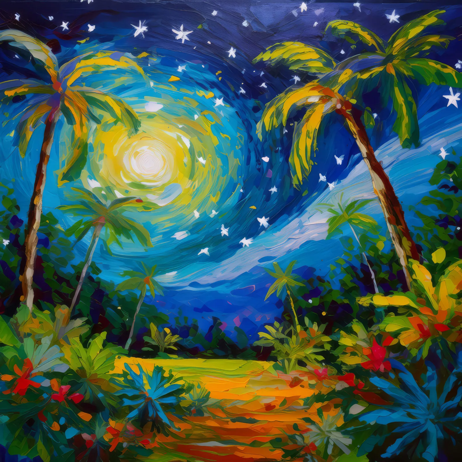 Starlit Jungle Clearing, a palette-knife oil landscape by Emma Mickelberg