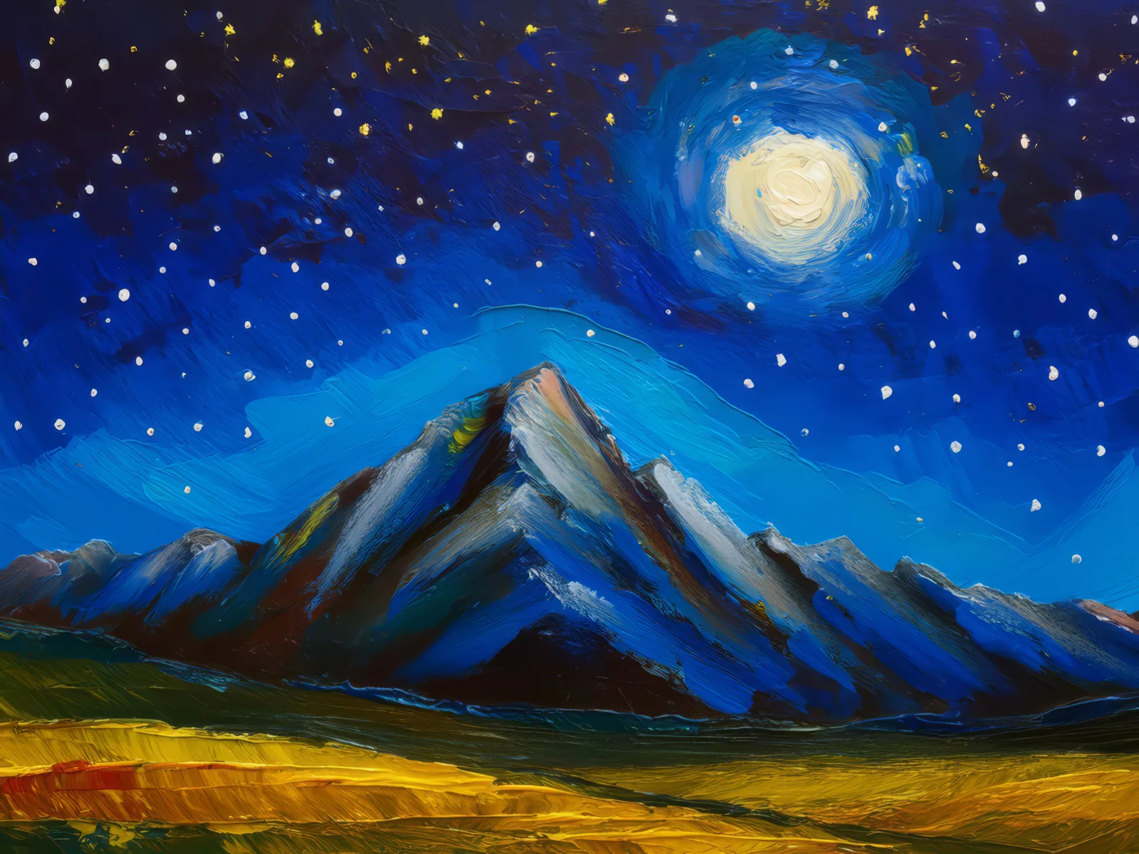 Starlit Mountain Peak, a palette-knife oil landscape by Emma Mickelberg