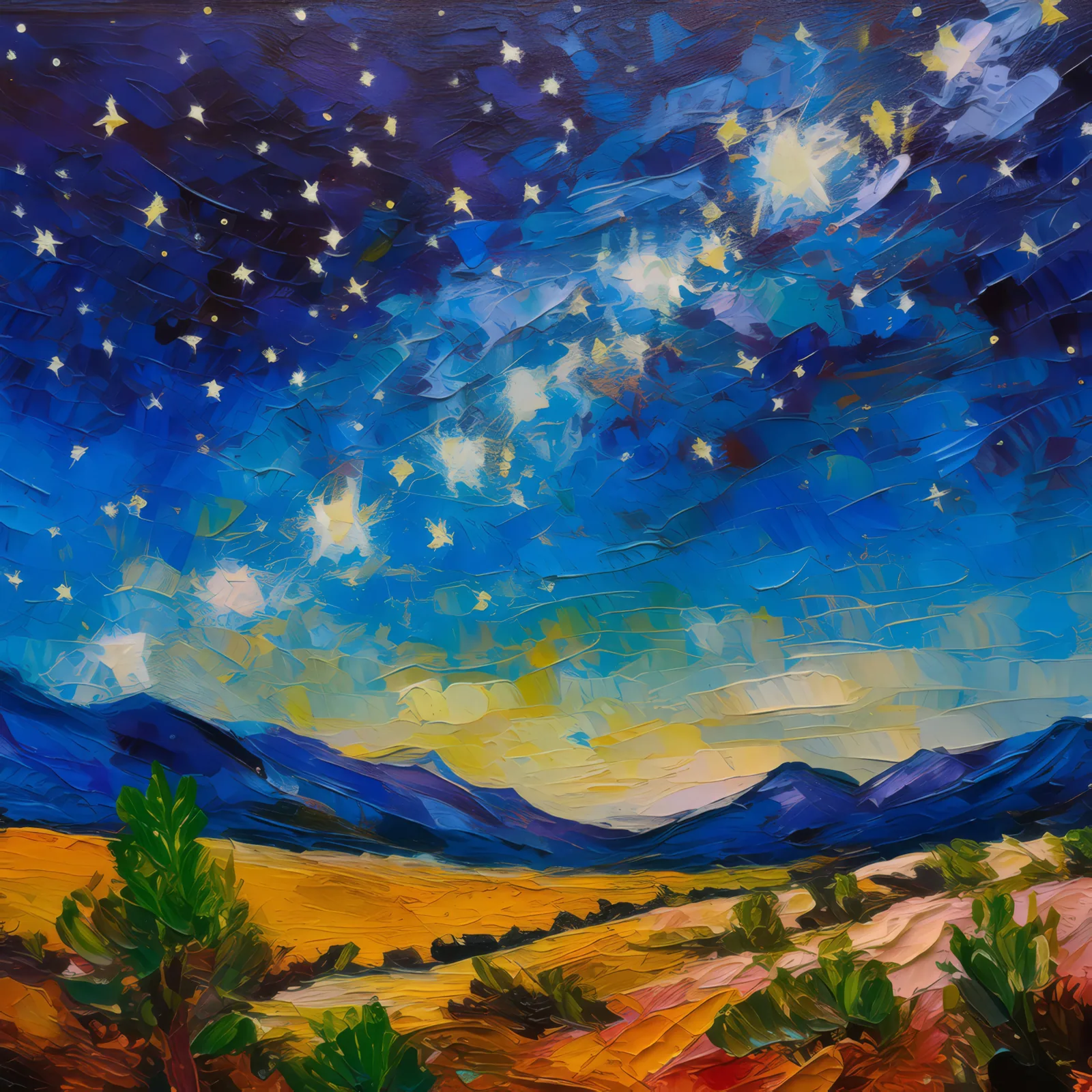 Starlit Night in Alpine Desert, a palette-knife oil landscape by Emma Mickelberg