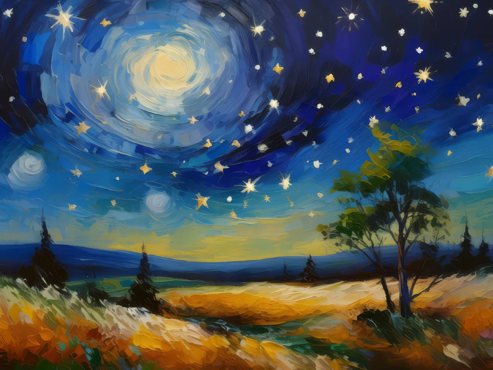 Starlit Night over Moor, a palette-knife oil landscape by Emma Mickelberg