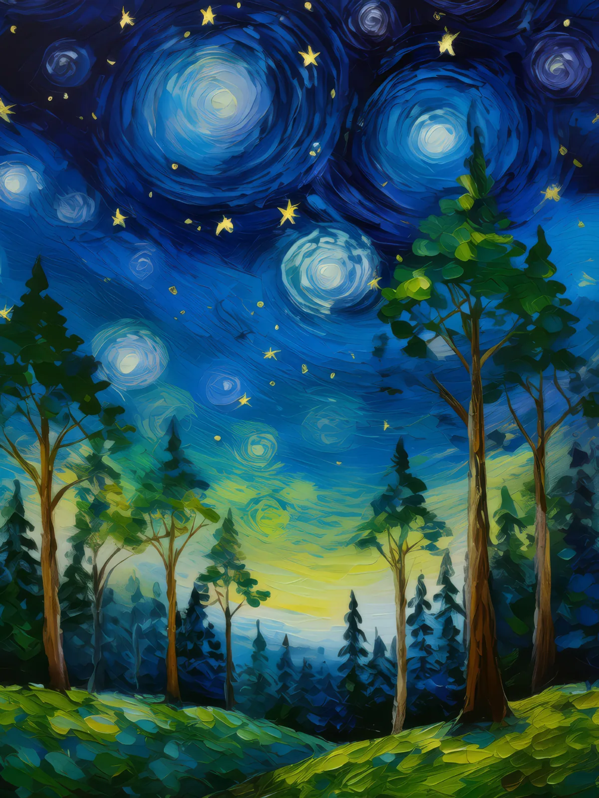 Starlit Night Over Woodland, a palette-knife oil landscape by Emma Mickelberg