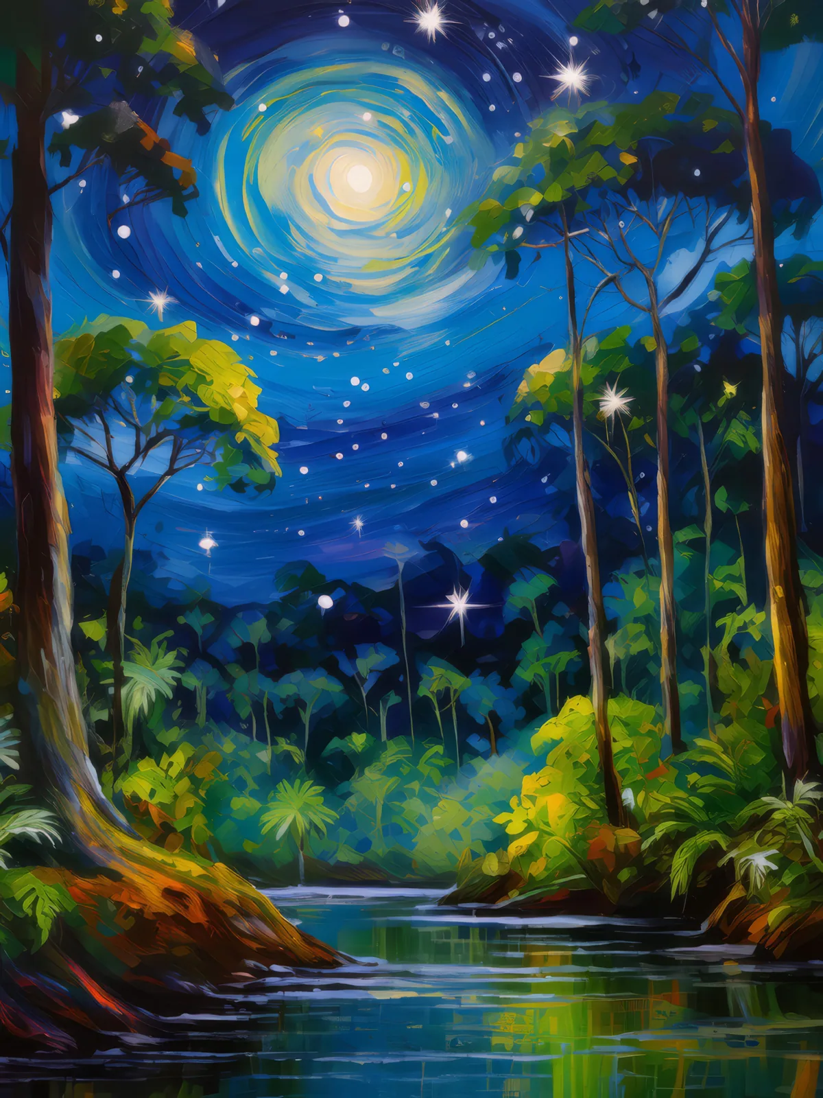 Starlit Nights Over Boreal Jungle, a palette-knife oil landscape by Emma Mickelberg