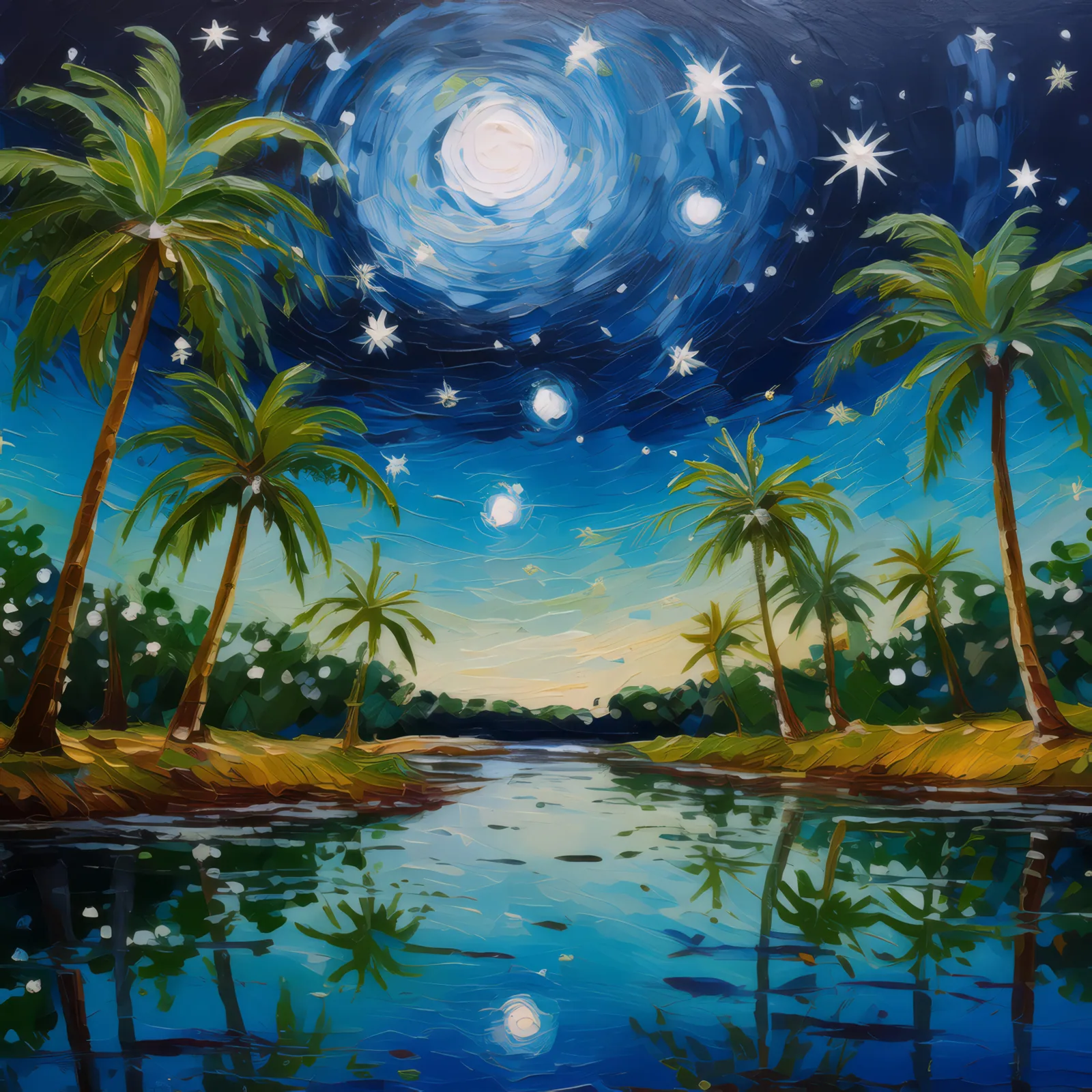 Starlit Oasis Night, a palette-knife oil landscape by Emma Mickelberg