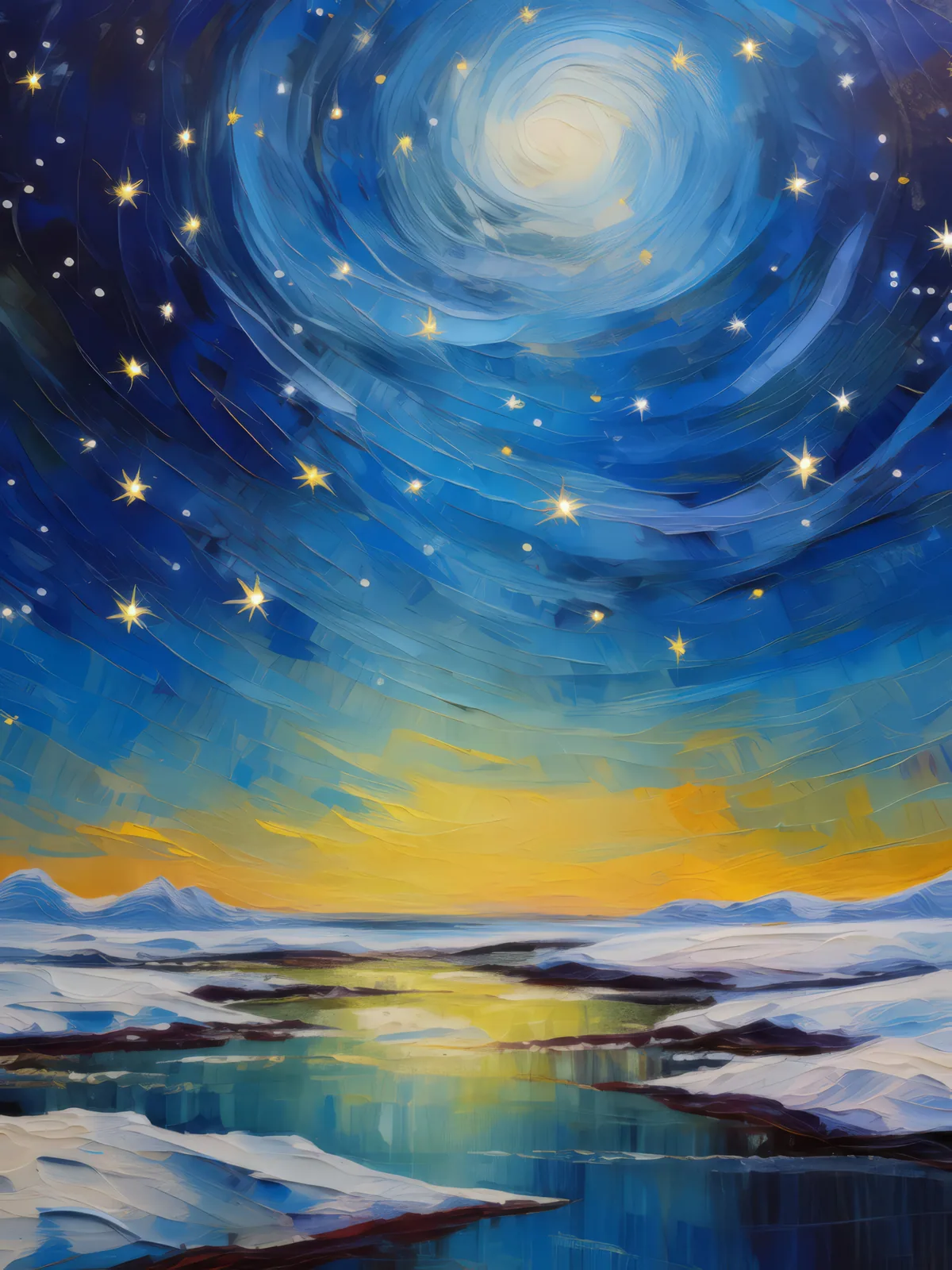 Starlit Sky Above the Ice, a palette-knife oil landscape by Emma Mickelberg