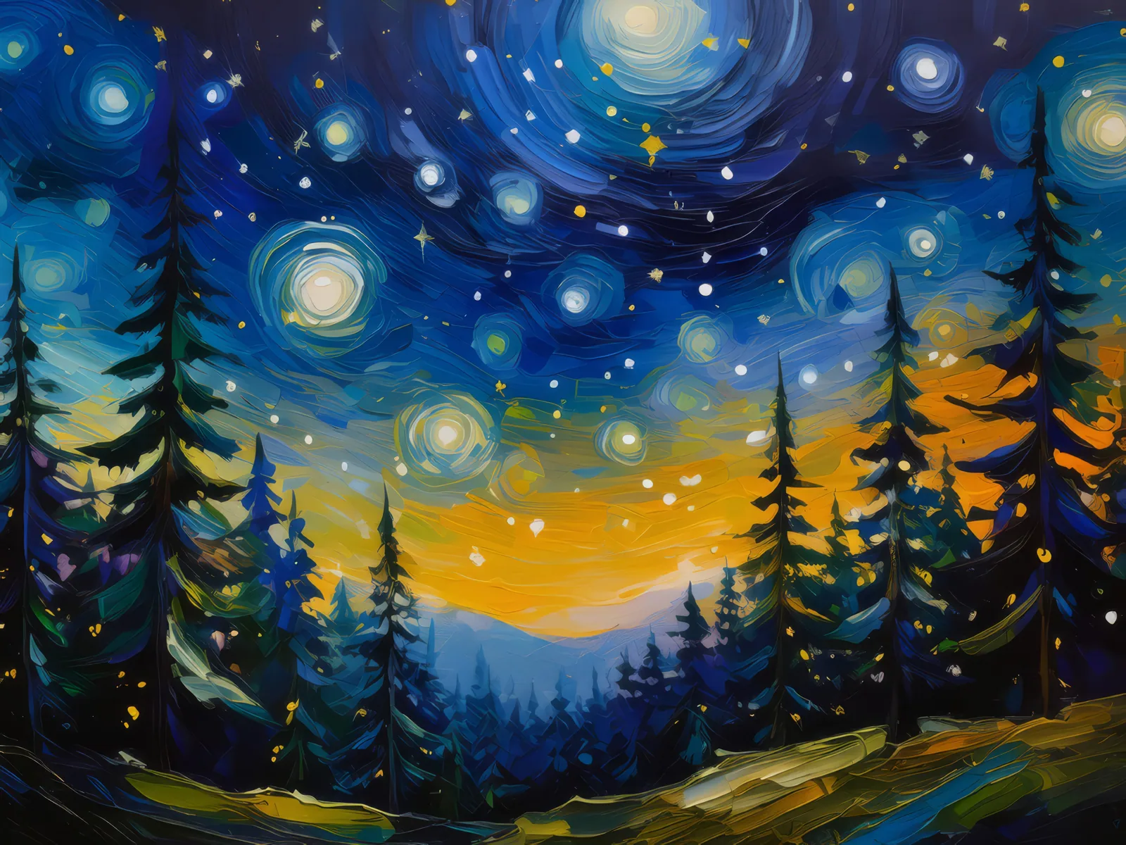 Starlit Sky Over Forest, a palette-knife oil landscape by Emma Mickelberg