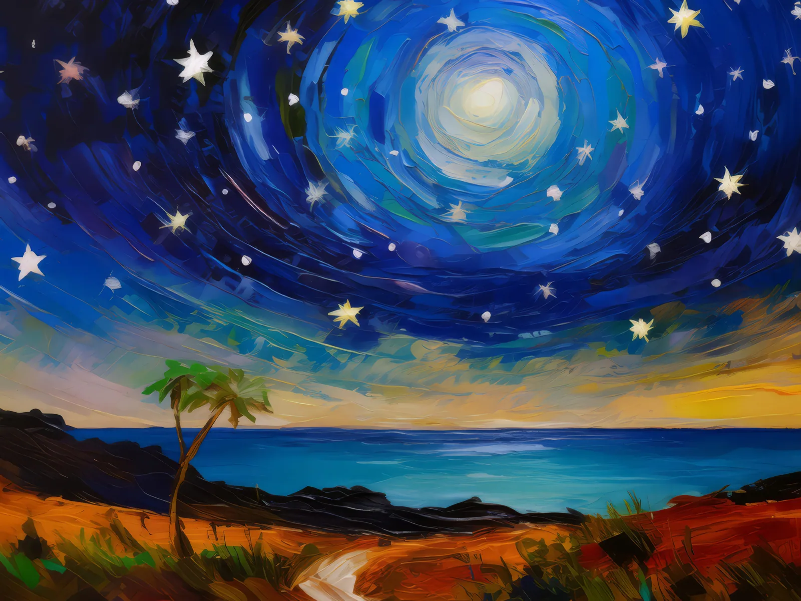 Starlit Sky Over Ocean Desert, a palette-knife oil landscape by Emma Mickelberg