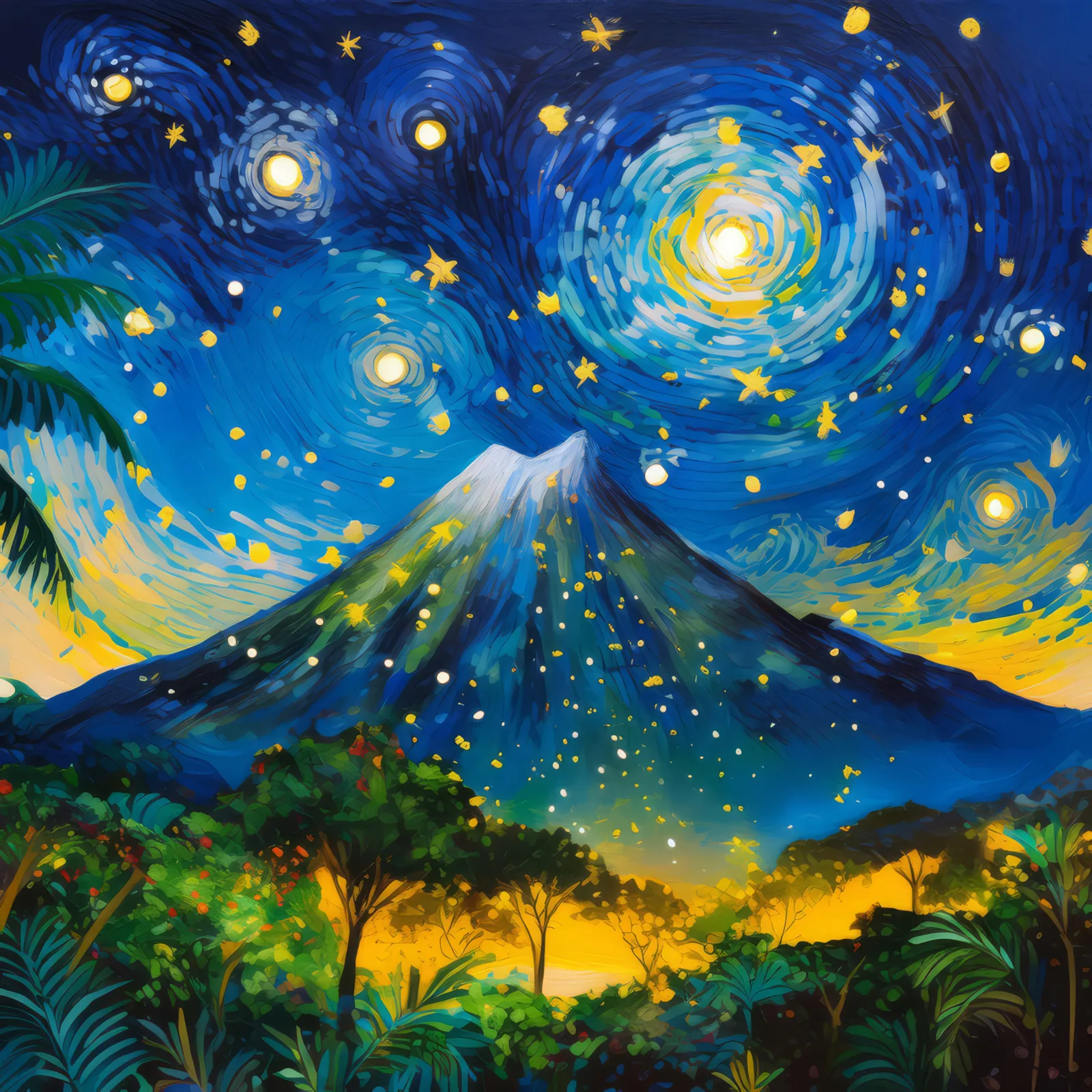 Starlit Tropical Mountain, a palette-knife oil landscape by Emma Mickelberg
