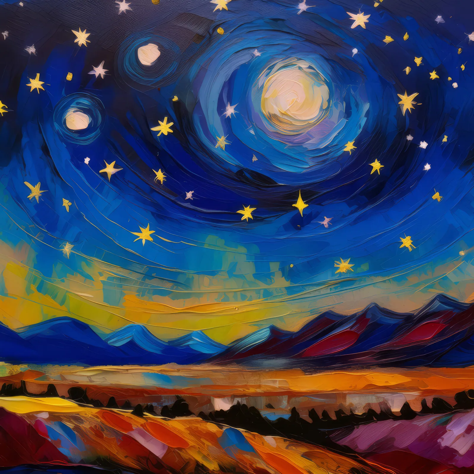 Starry Alpine Desert Night, a palette-knife oil landscape by Emma Mickelberg