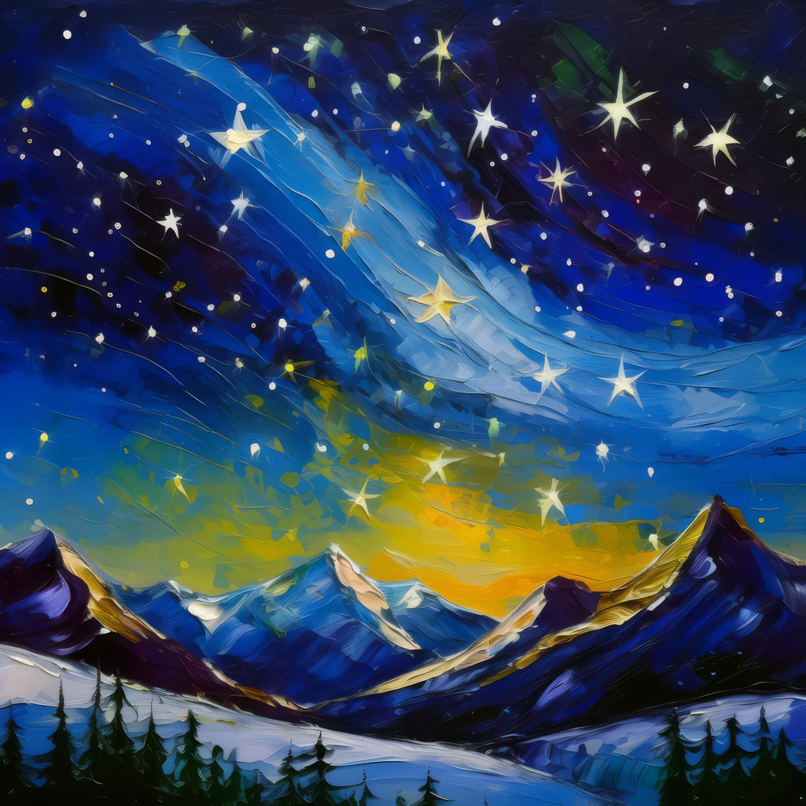 Starry Alpine Nights, a palette-knife oil landscape by Emma Mickelberg