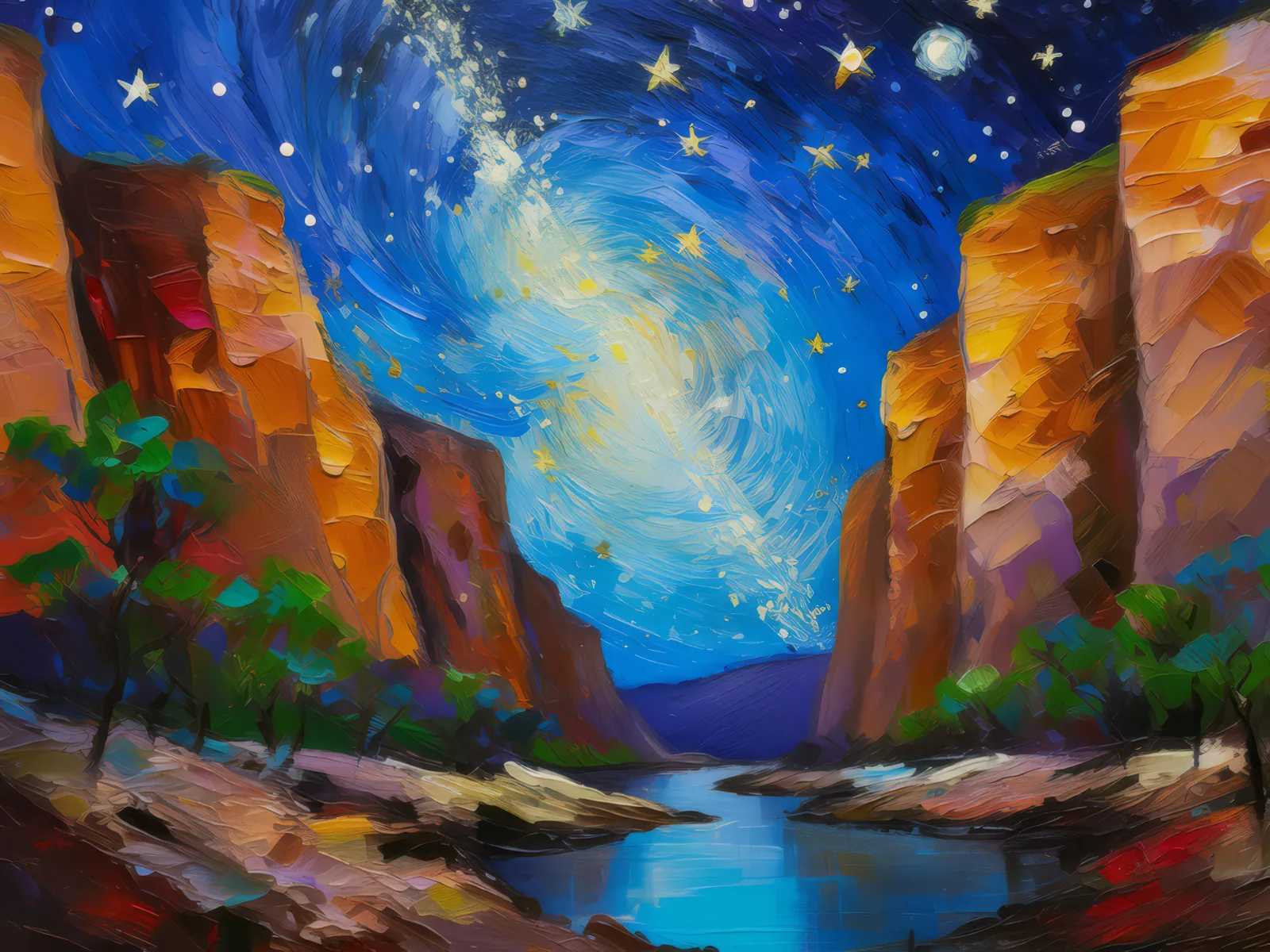 Starry Canyon Chasm, a palette-knife oil landscape by Emma Mickelberg