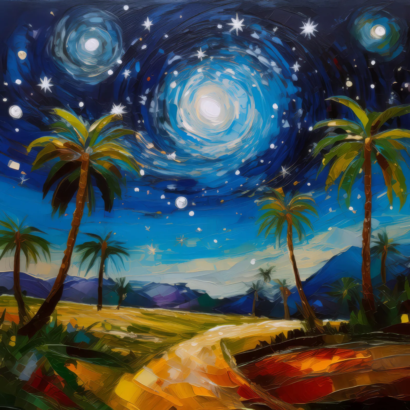 Starry Desert Night, a palette-knife oil landscape by Emma Mickelberg