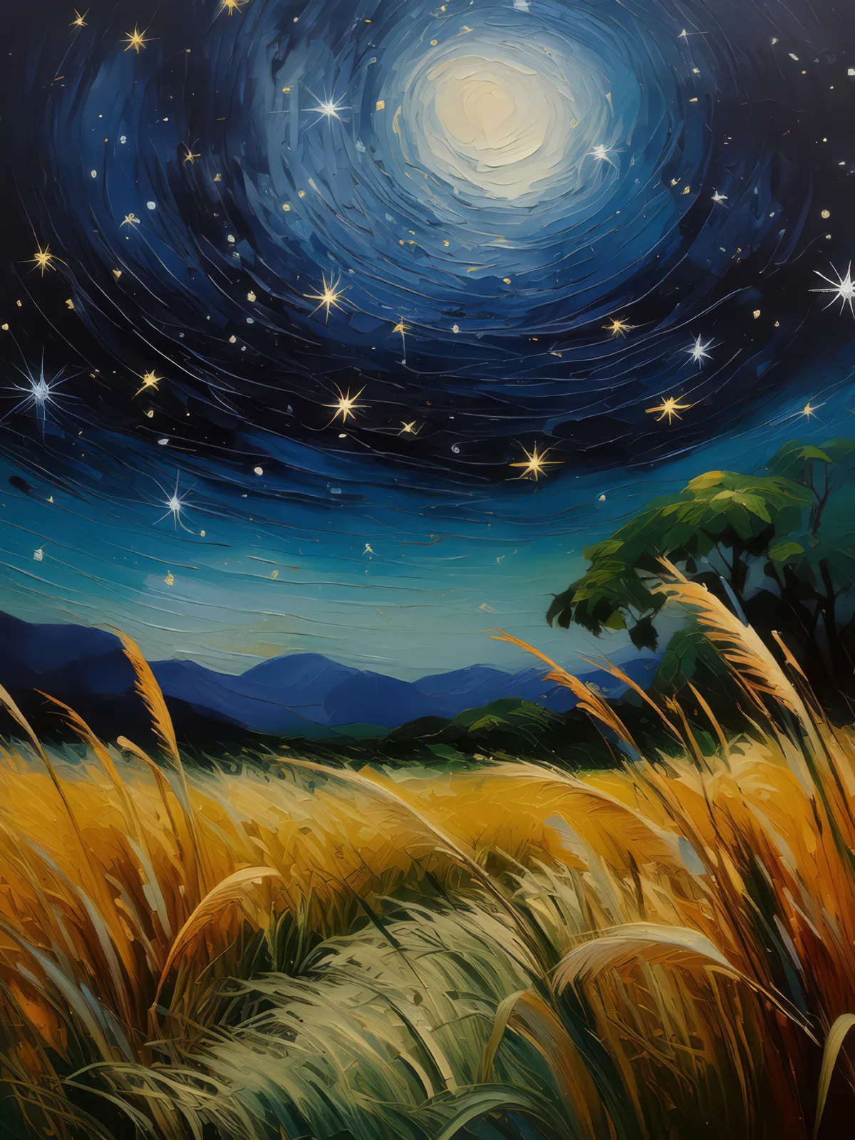 Starry Grassland Night, a palette-knife oil landscape by Emma Mickelberg
