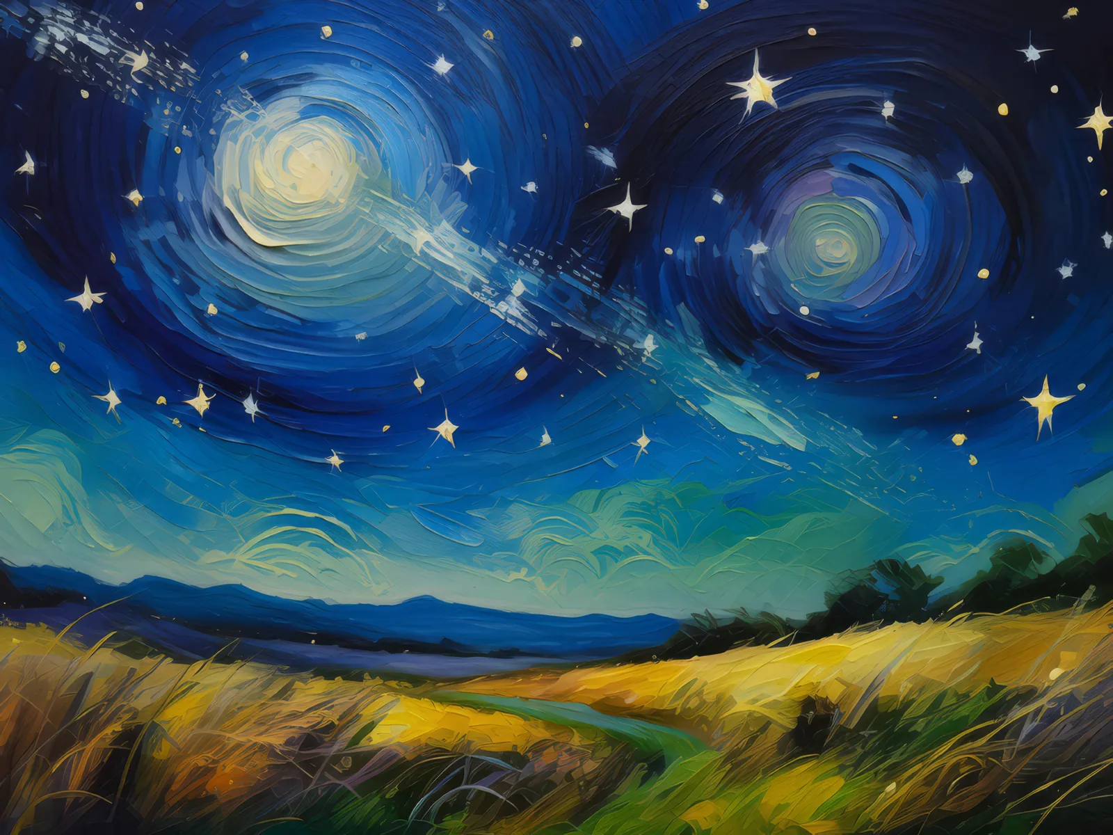 Starry Night Above Grassland, a palette-knife oil landscape by Emma Mickelberg