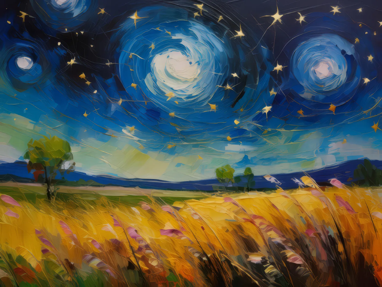 Starry Night Grassland, a palette-knife oil landscape by Emma Mickelberg