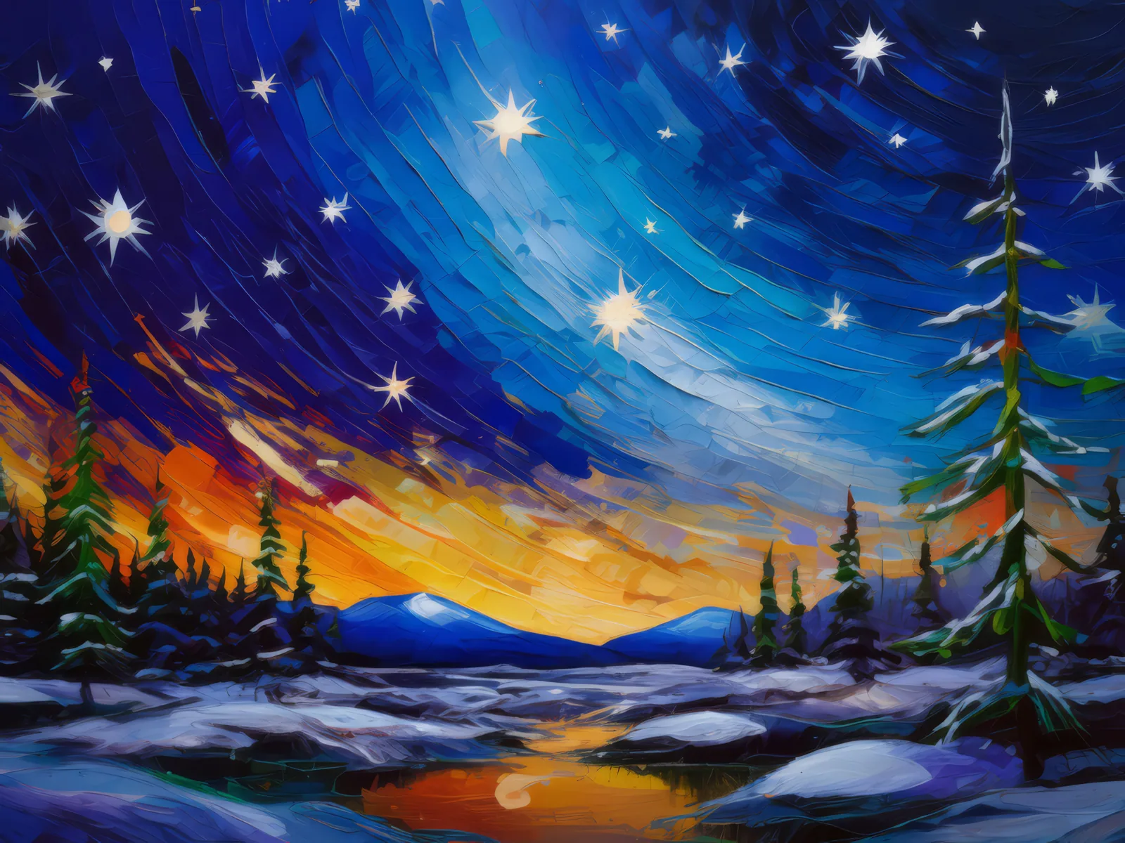 Starry Night in Boreal Desert, a palette-knife oil landscape by Emma Mickelberg