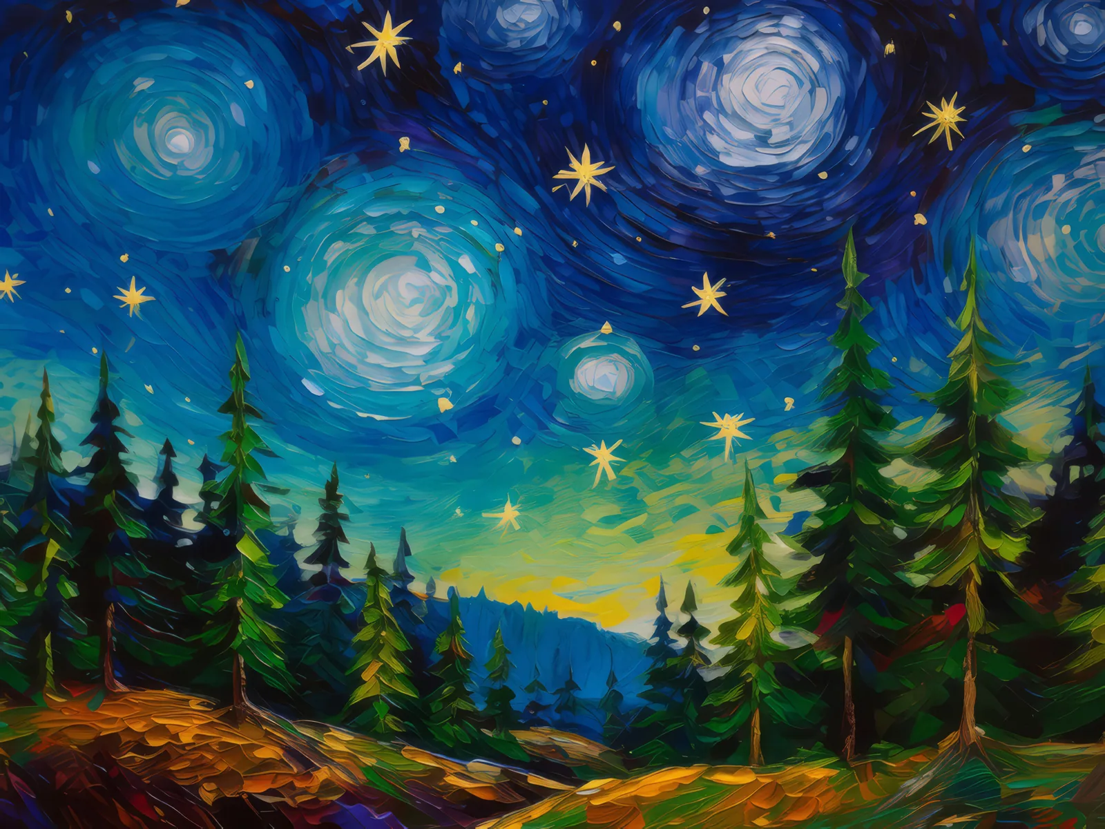 Starry Night in Boreal Forest, a palette-knife oil landscape by Emma Mickelberg