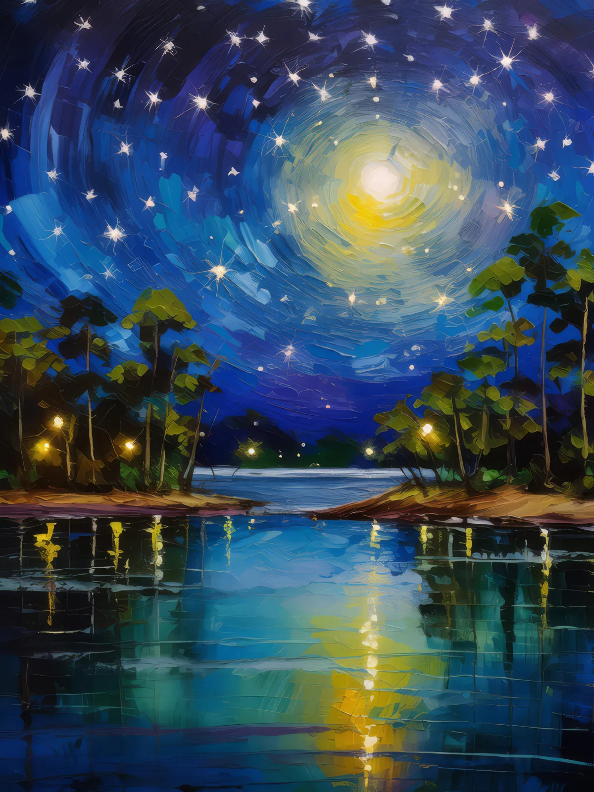 Starry Night Lagoon, a palette-knife oil landscape by Emma Mickelberg