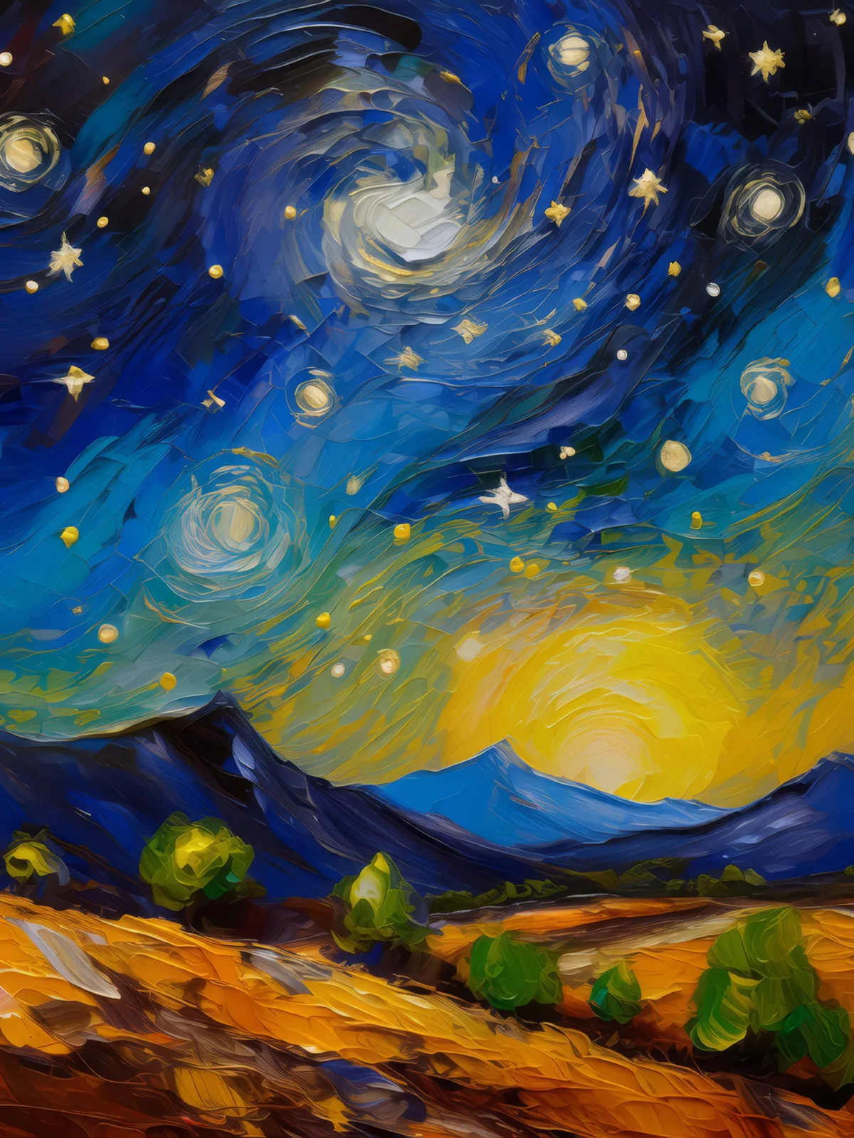 Starry Night Over Alpine Desert, a palette-knife oil landscape by Emma Mickelberg