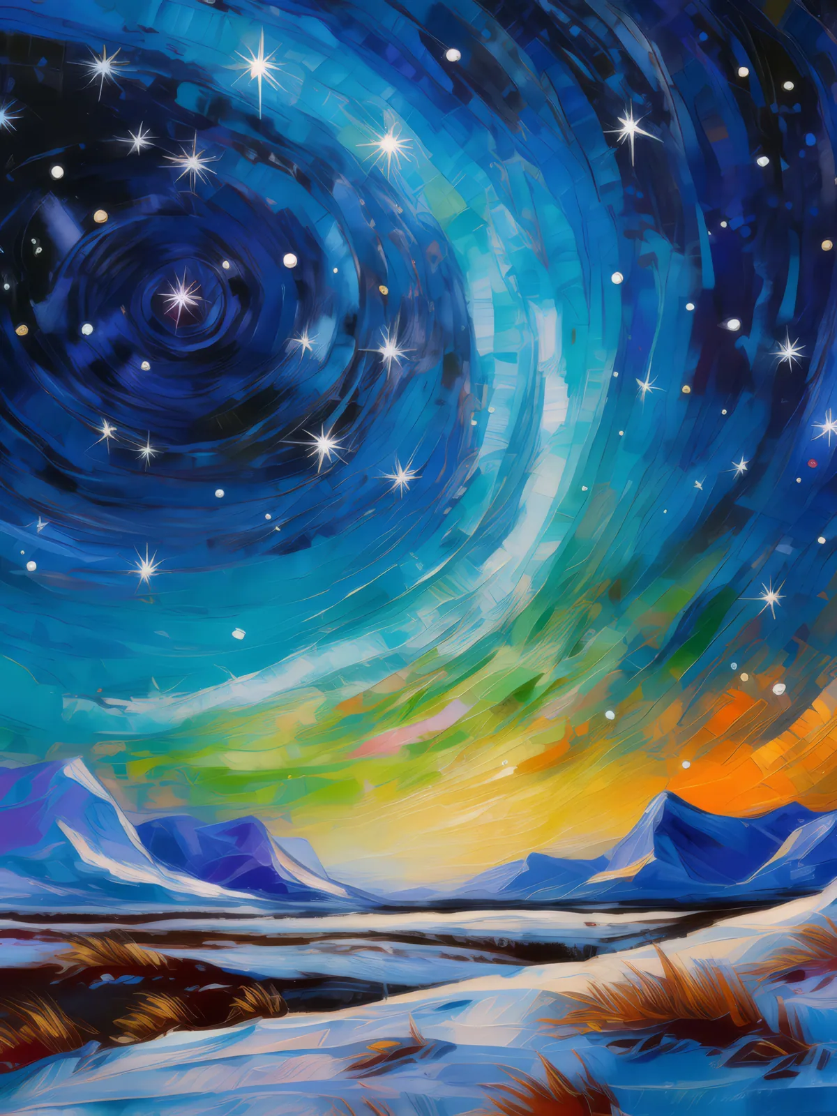 Starry Night over Arctic Desert, a palette-knife oil landscape by Emma Mickelberg