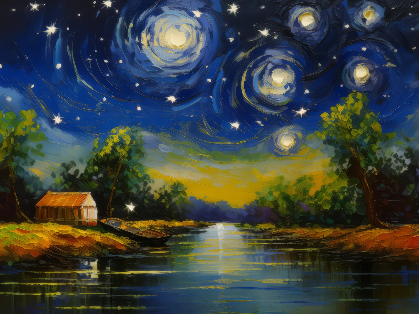 Starry Night Over Delta, a palette-knife oil landscape by Emma Mickelberg