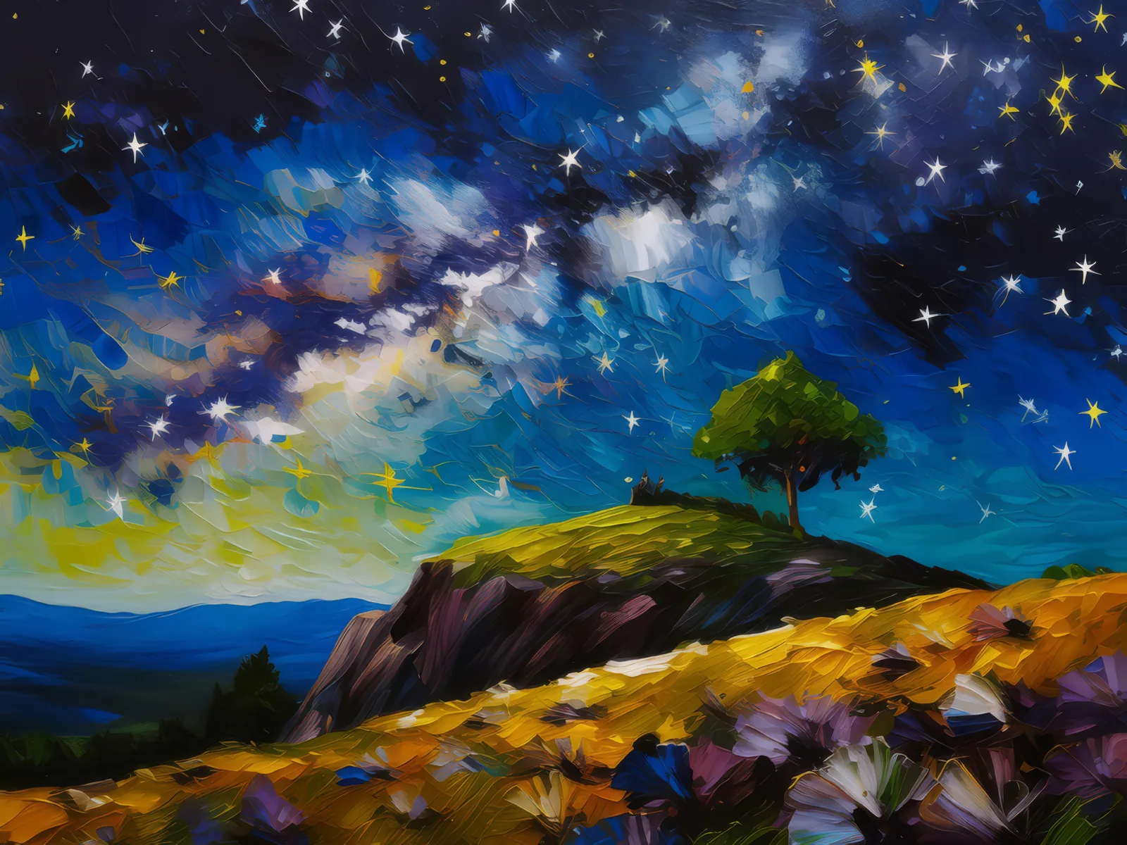 Starry Night Over Hill, a palette-knife oil landscape by Emma Mickelberg