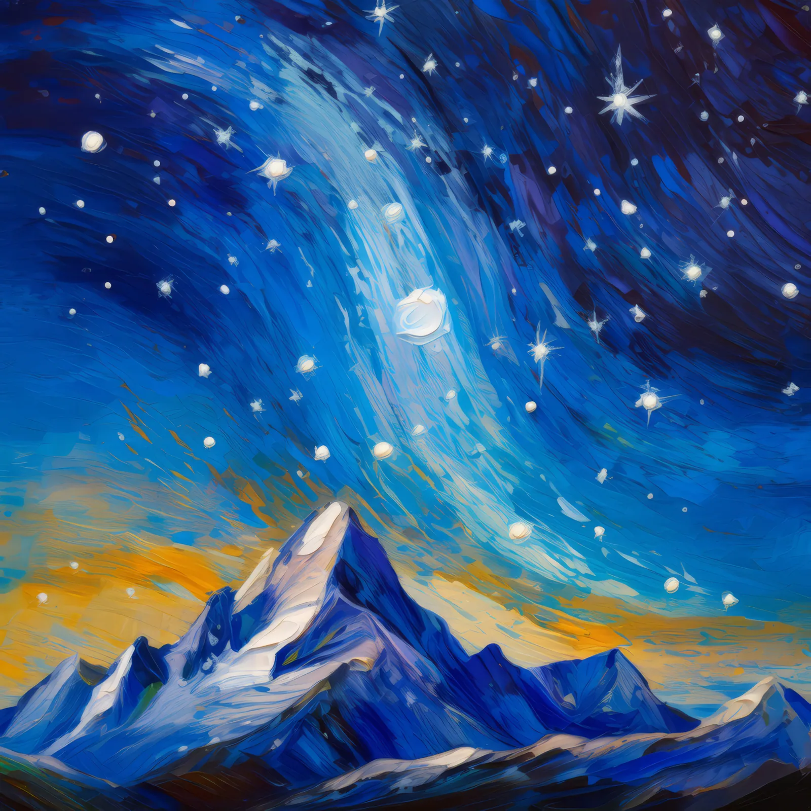Starry Night Over Peaks, a palette-knife oil landscape by Emma Mickelberg