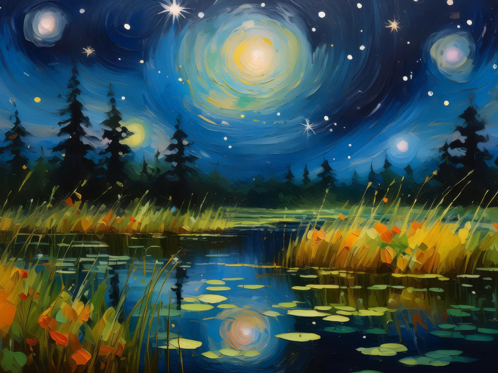 Starry Night Over the Marsh, a palette-knife oil landscape by Emma Mickelberg