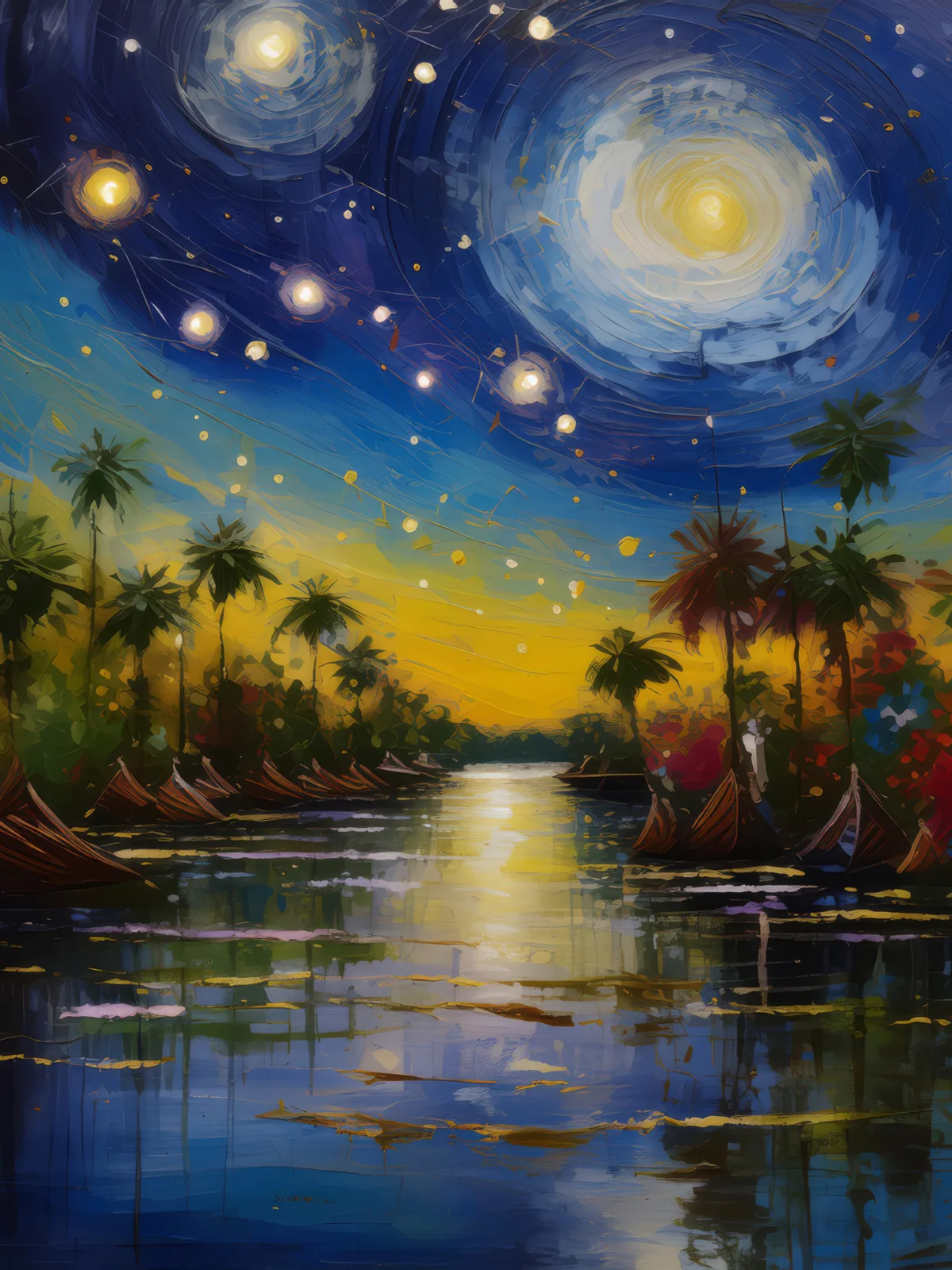 Starry Nights at the Delta, a palette-knife oil landscape by Emma Mickelberg